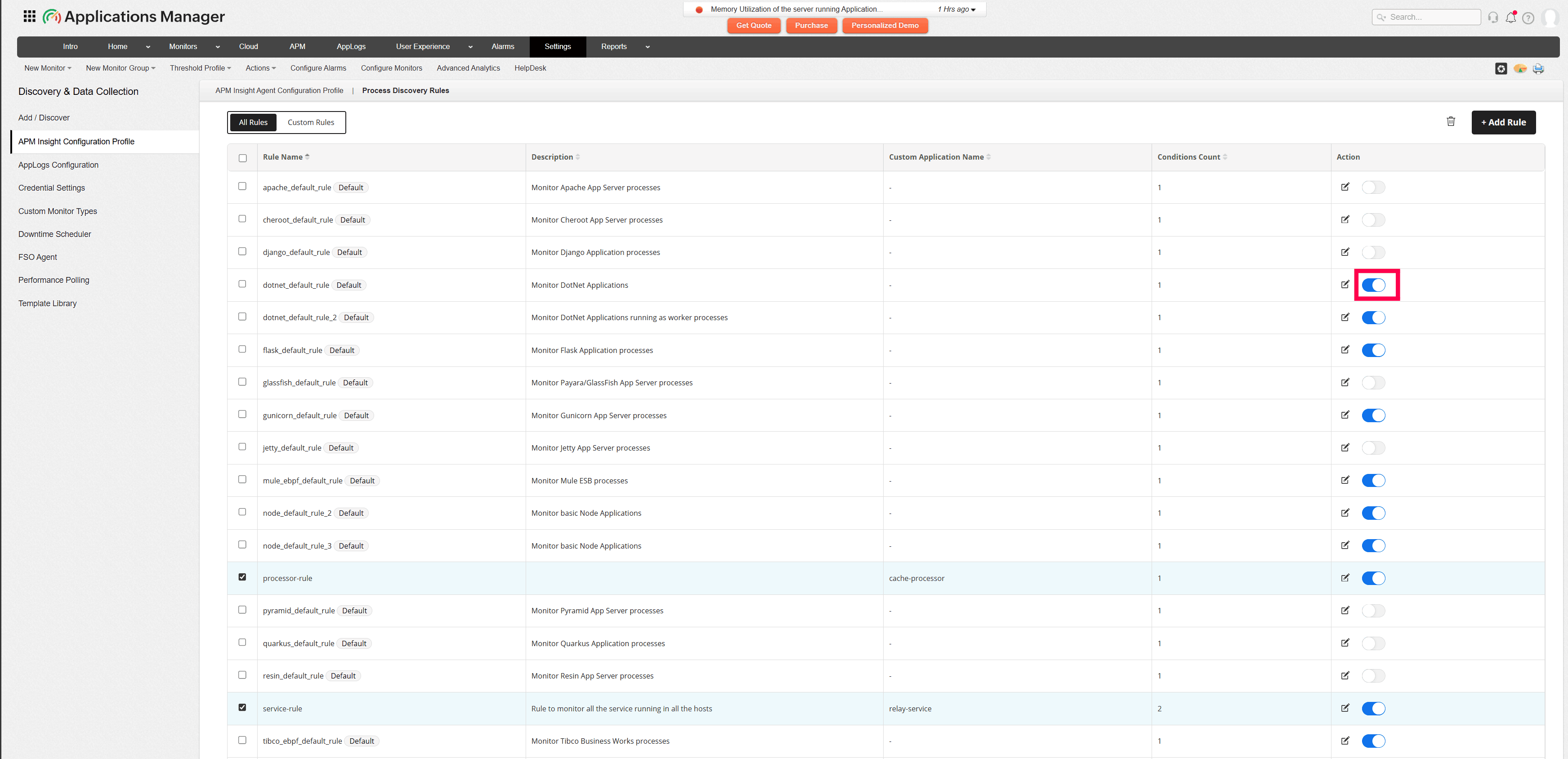 Disabling a process monitoring rule using the toggle switch in Applications Manager