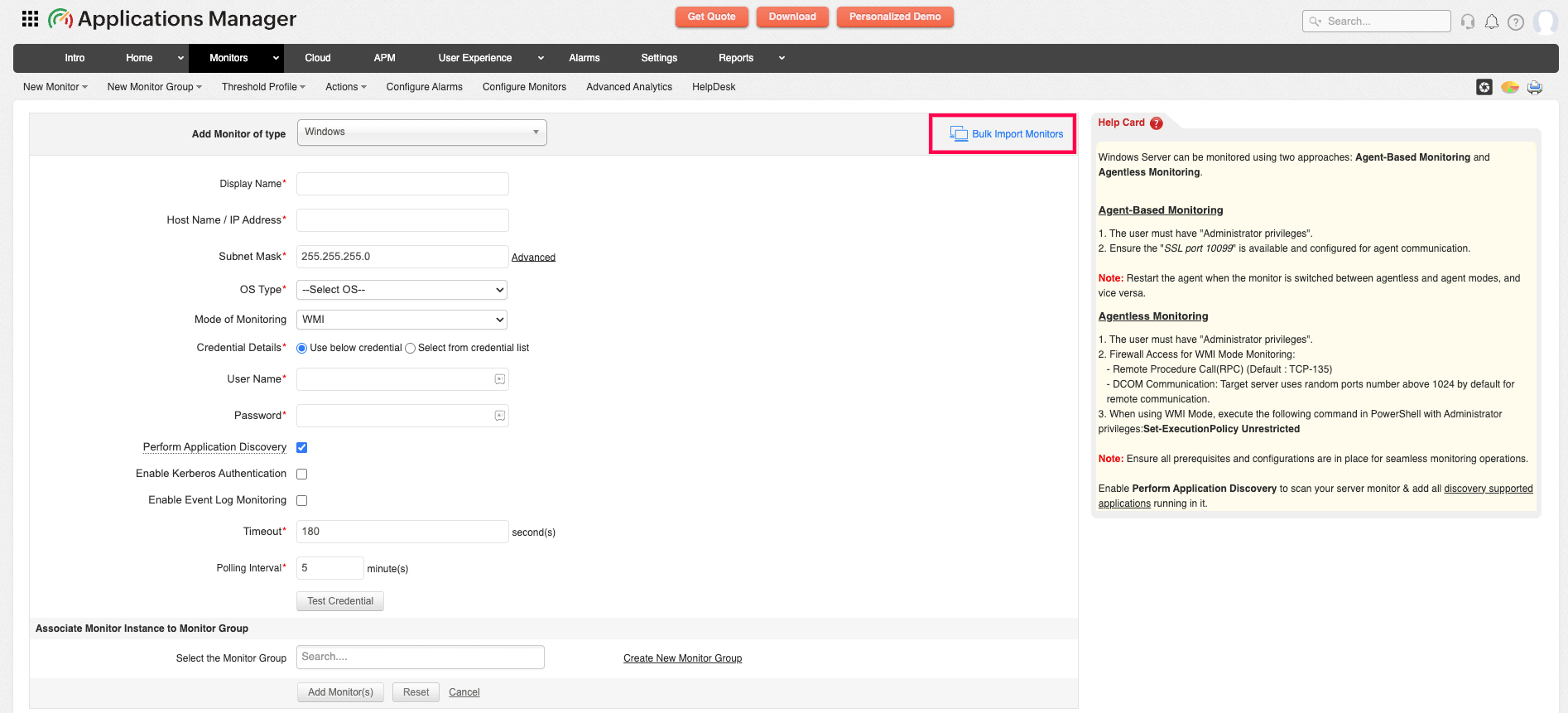 Bulk Import Monitors button highlighted on the Add Monitor page | Applications Manager