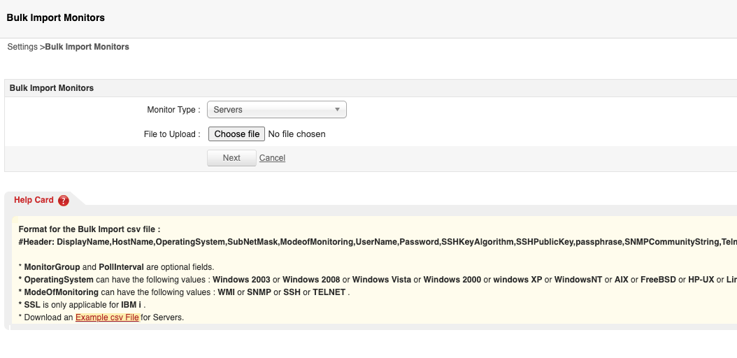 Bulk Import form showing Monitor Type dropdown and Help Card with CSV format details | Applications Manager