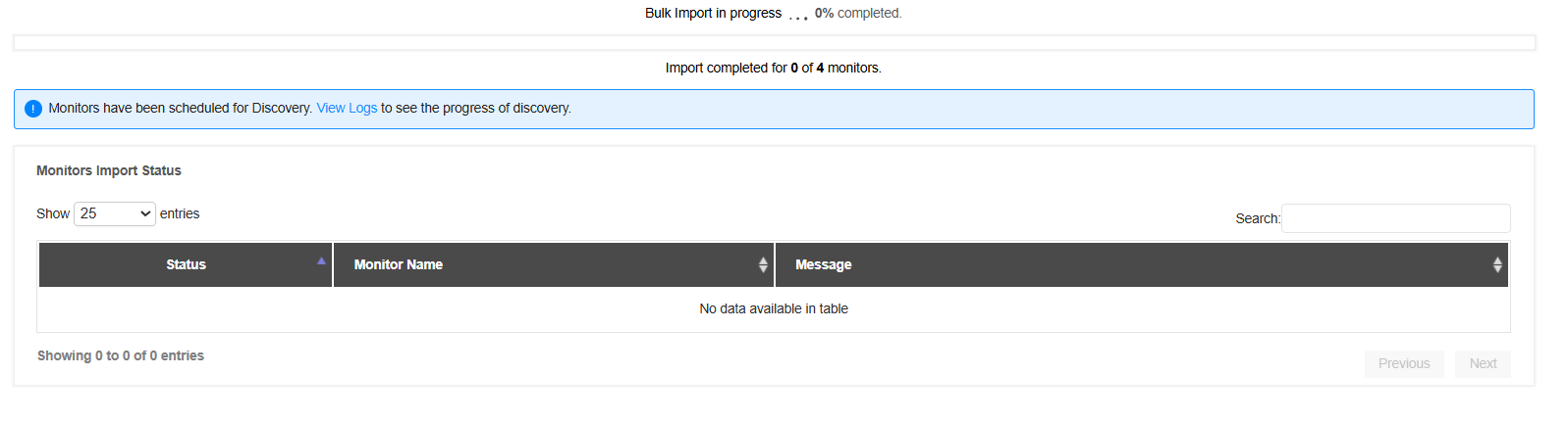 Bulk Import progress page showing progress bar, monitor count, and import status table | Applications Manager