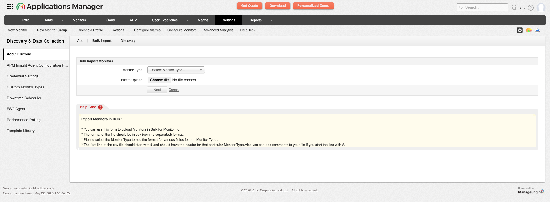 Bulk Import tab under Settings - Discovery and Data Collection page | Applications Manager