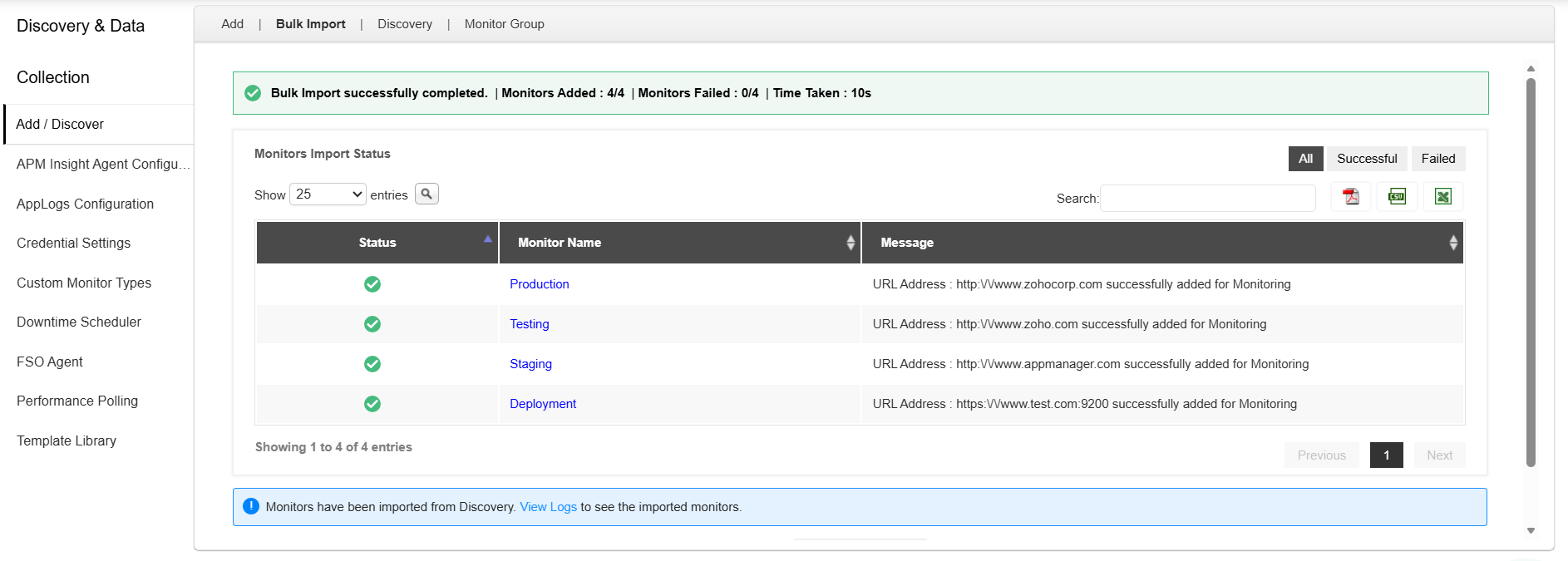 Bulk Import status page showing success summary, monitor status table with filter and export options | Applications Manager