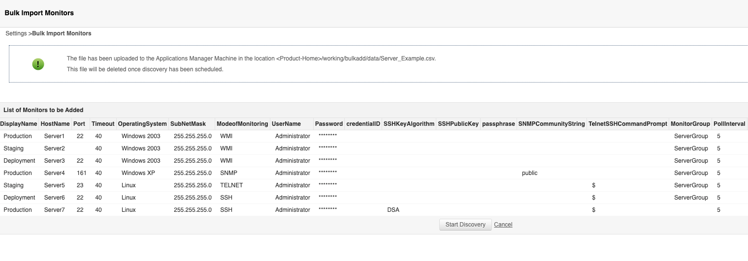 Upload status page showing list of monitors parsed from CSV file | Applications Manager