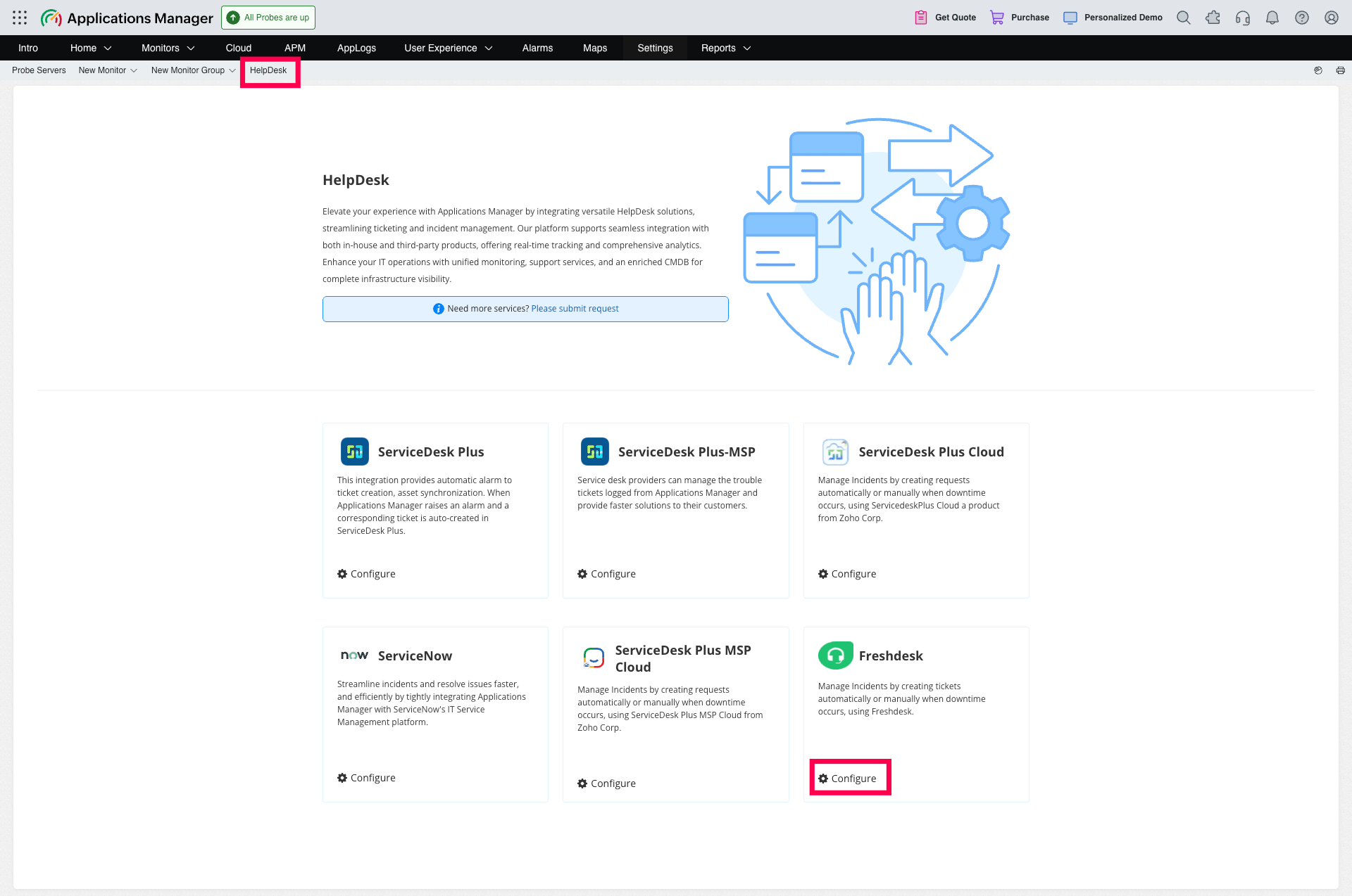 Applications Manager Help Desk integrations page showing the Freshdesk card