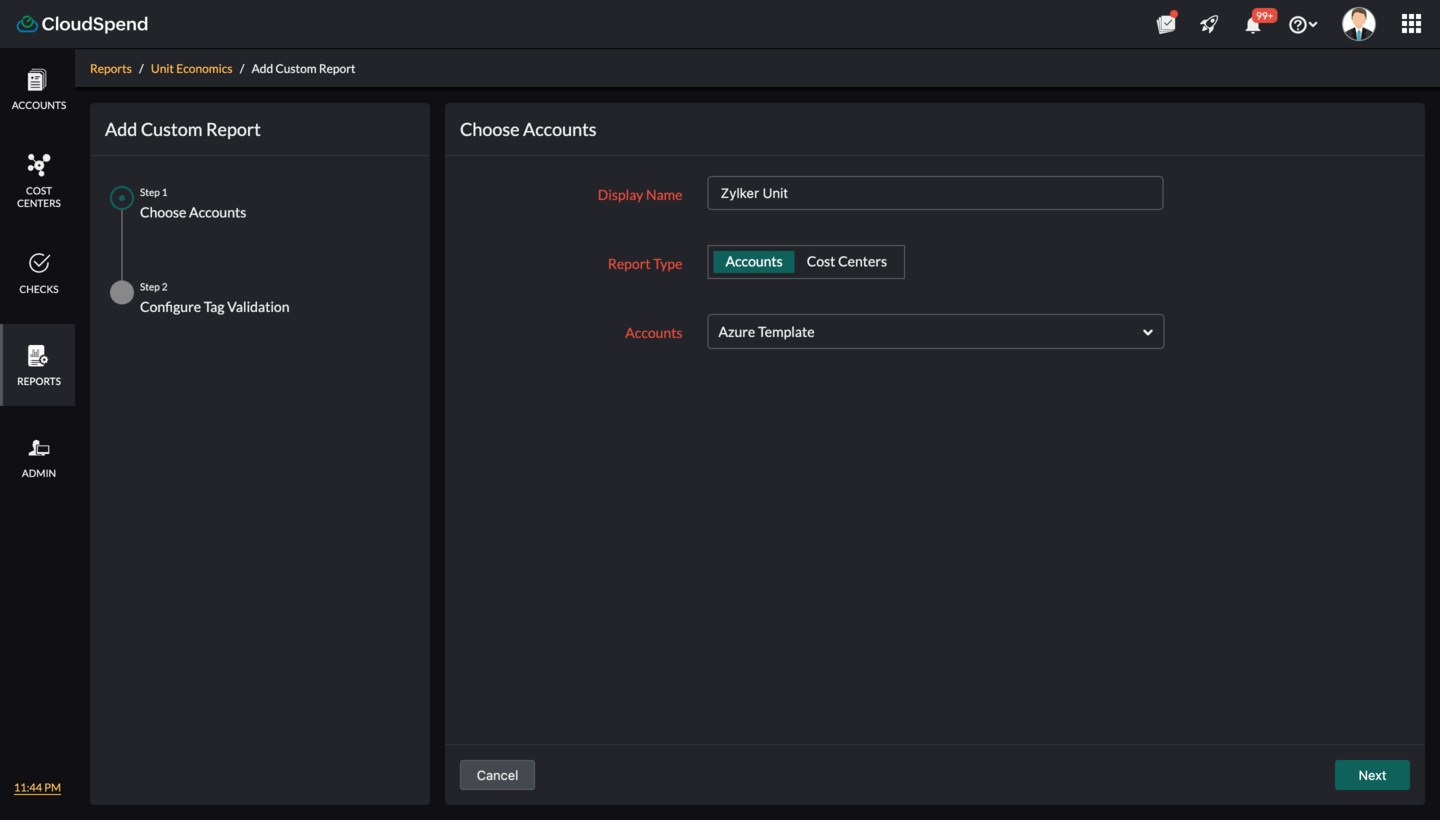 Custom Report configuration step one Step one