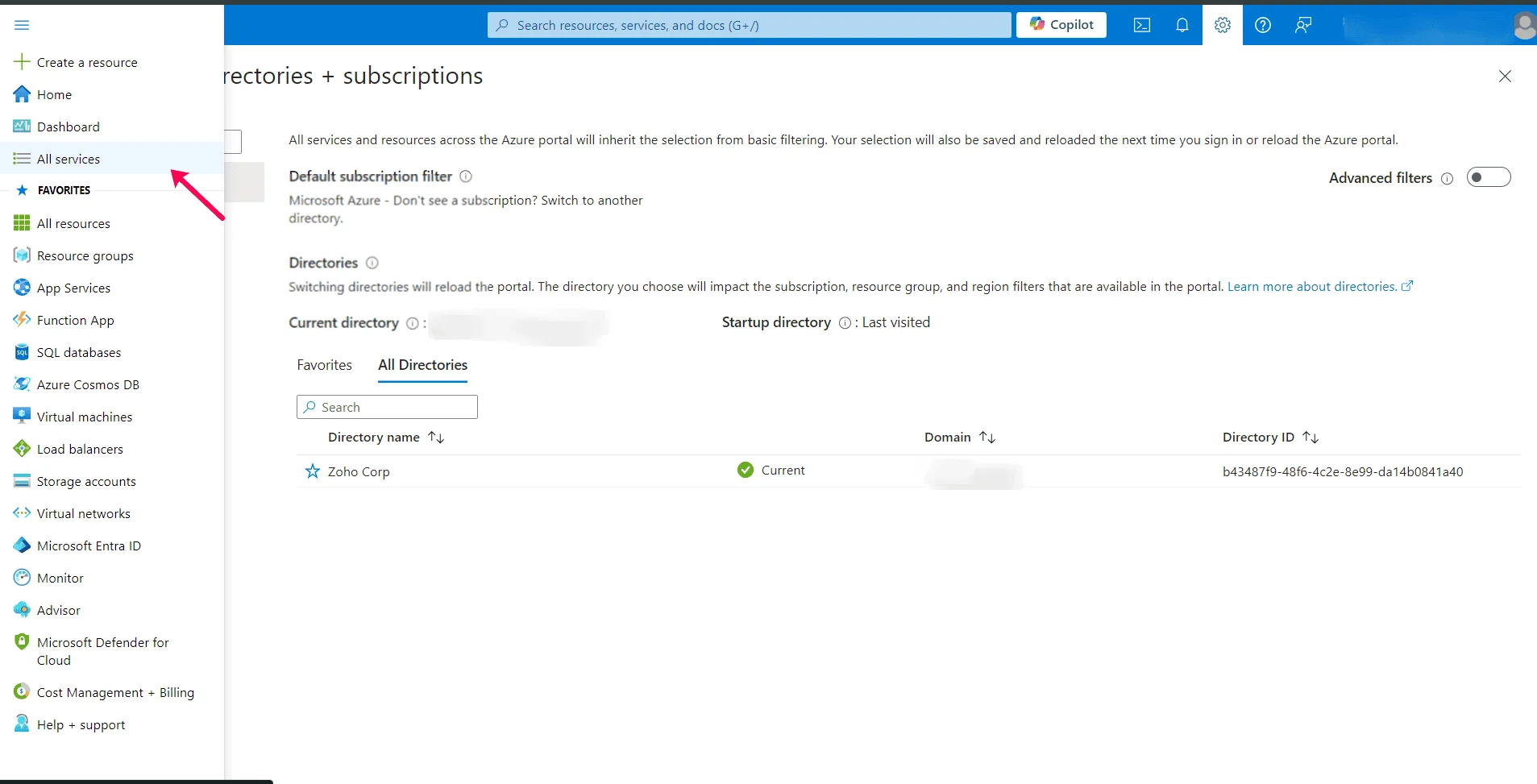 Selecting Storage Accounts from All services in the Azure portal
