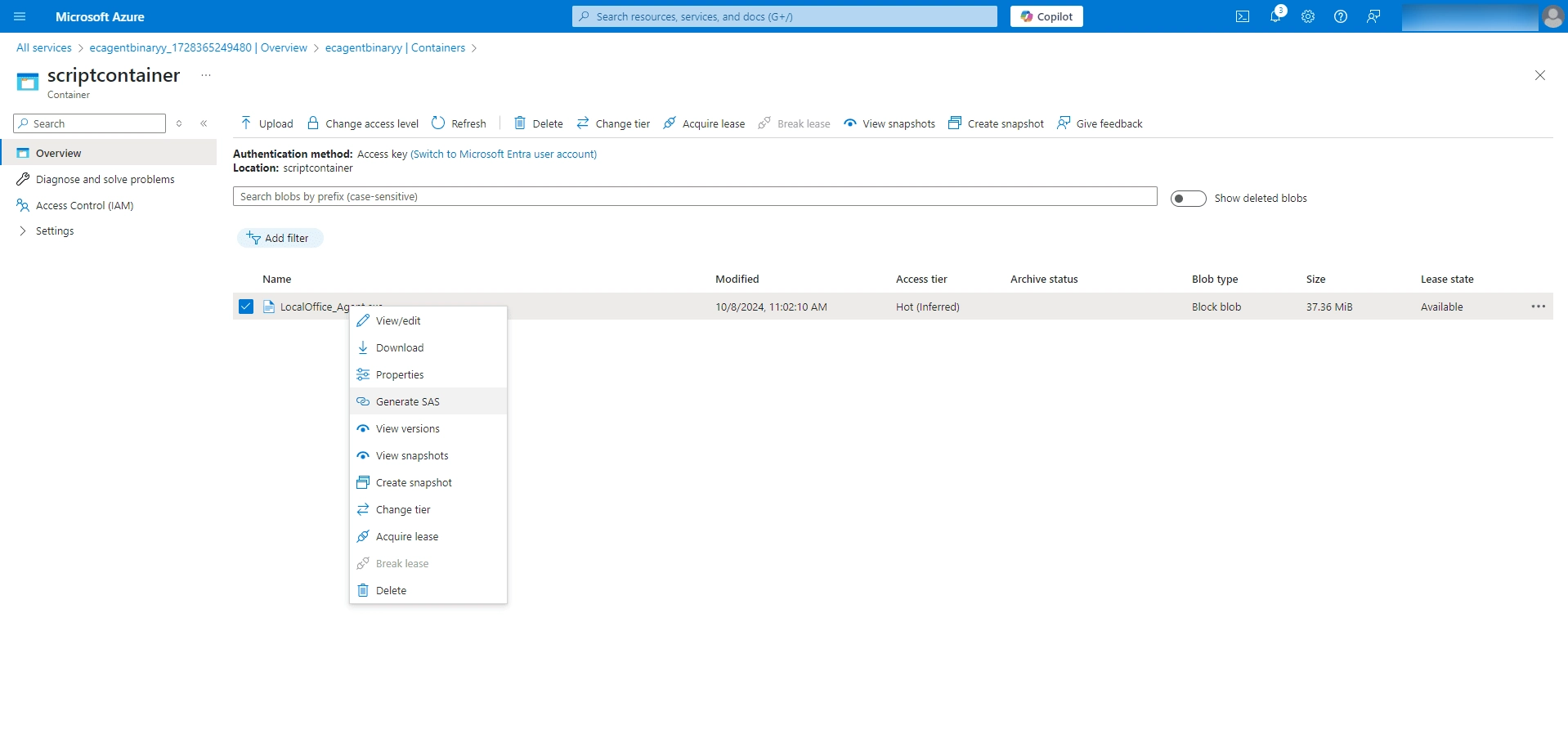 Selecting Generate SAS on LocalOffice_Agent.exe