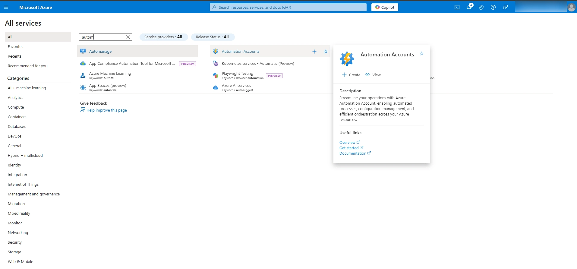 Clicking Add on the Automation Accounts page