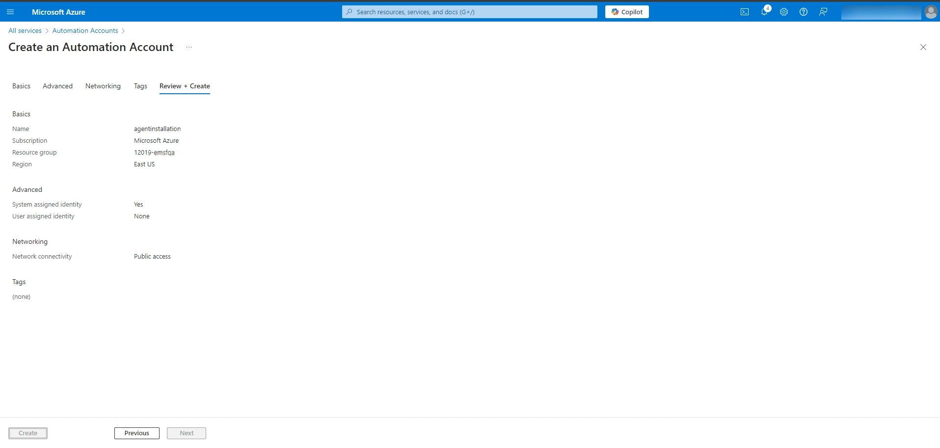 Reviewing automation account settings before clicking Create