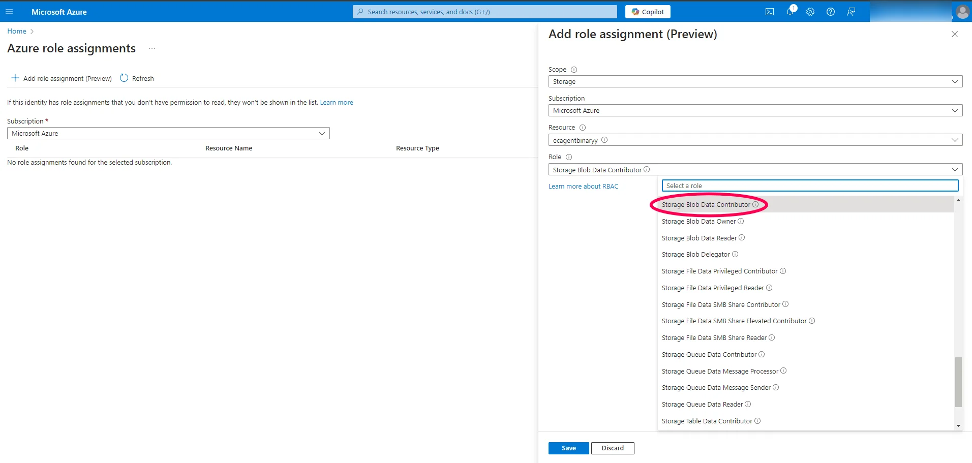 Assigning the Storage Blob Data Contributor role on the ecagentbinary storage account
