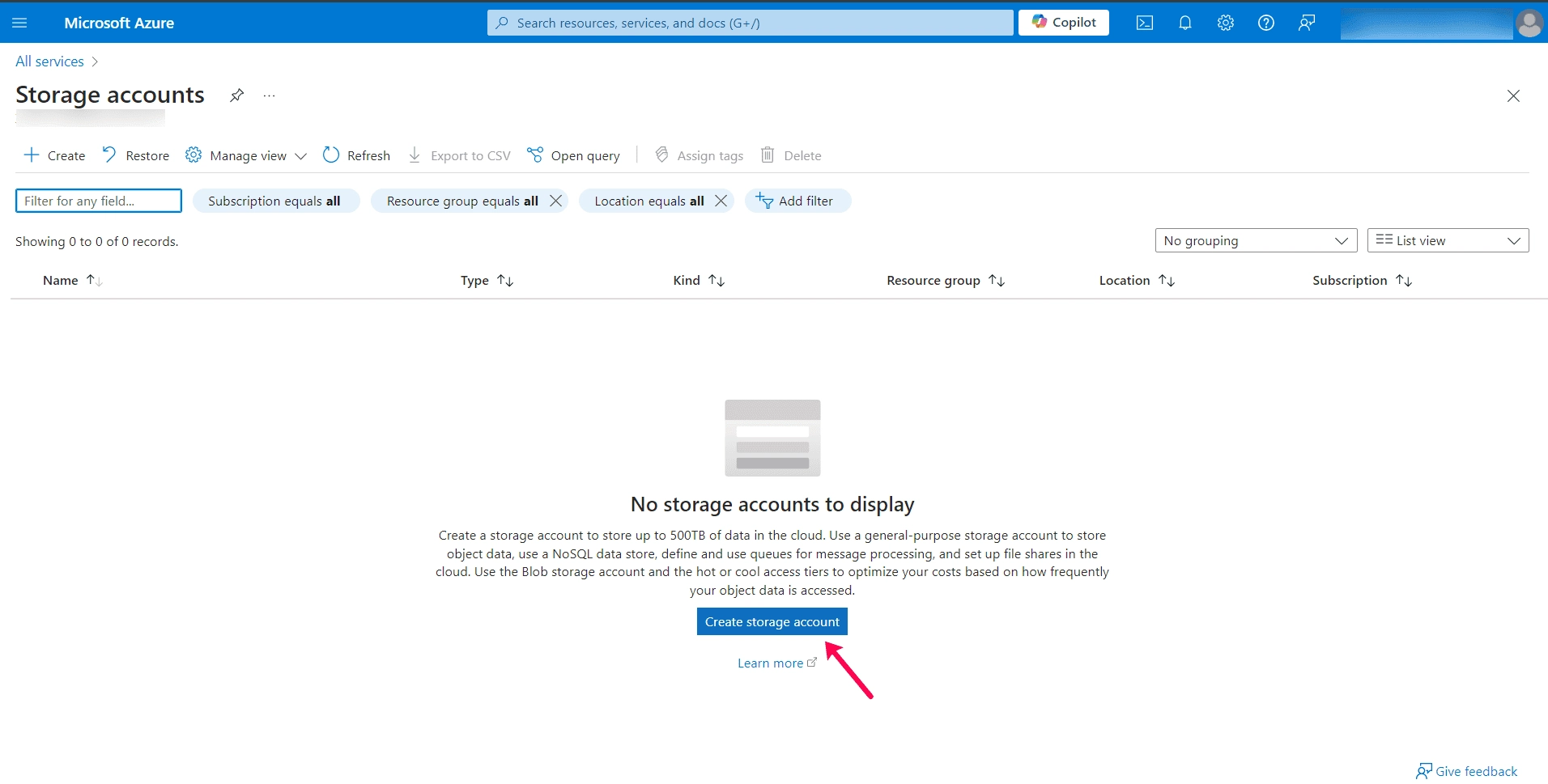 Clicking Create on the Storage Accounts page