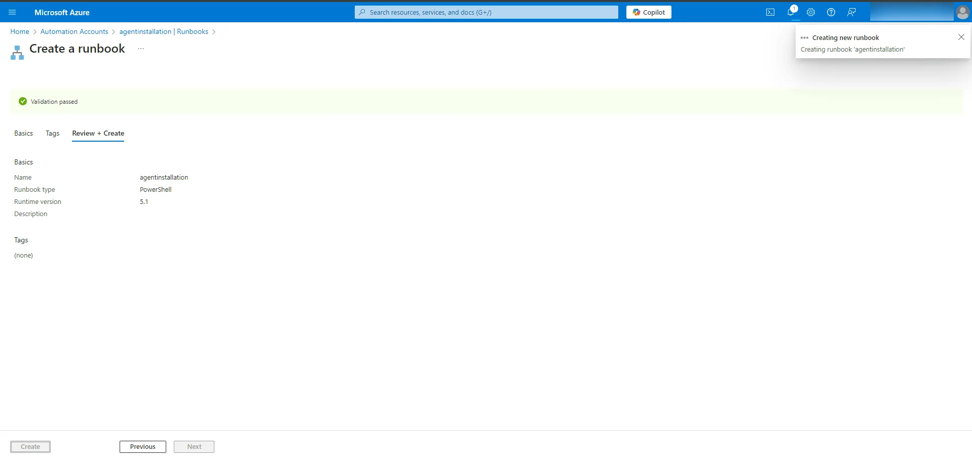 Reviewing the runbook details before creating