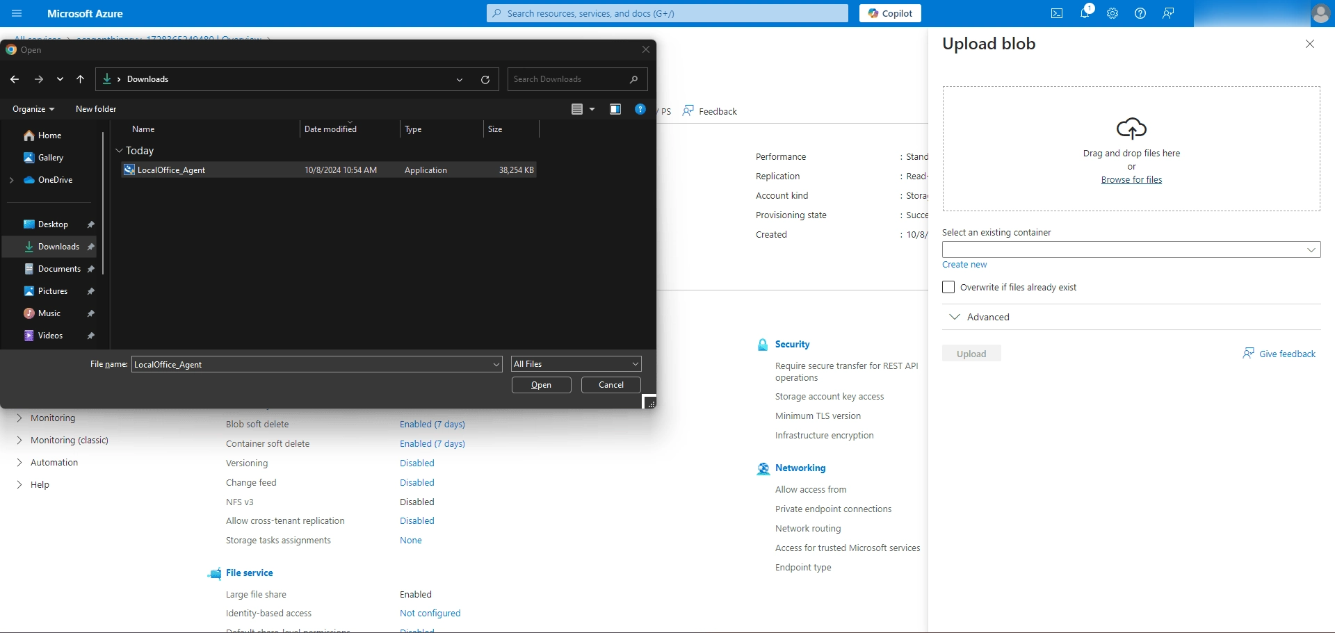Selecting the downloaded agent installer file to upload