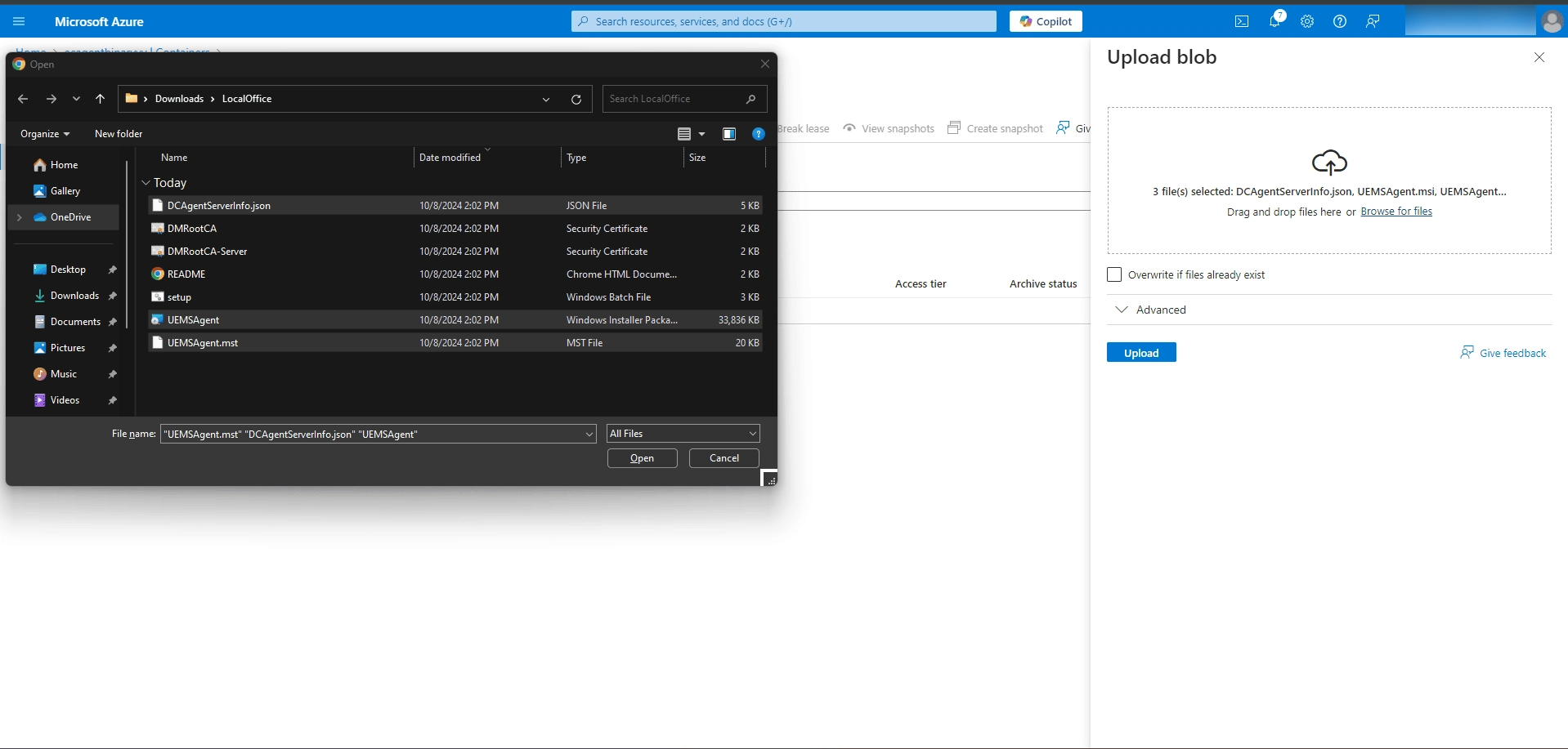 Open the created Blob container and click on the Uploadbutton to upload the agent files Open the created Blob container and click on the Uploadbutton to upload the agent files
