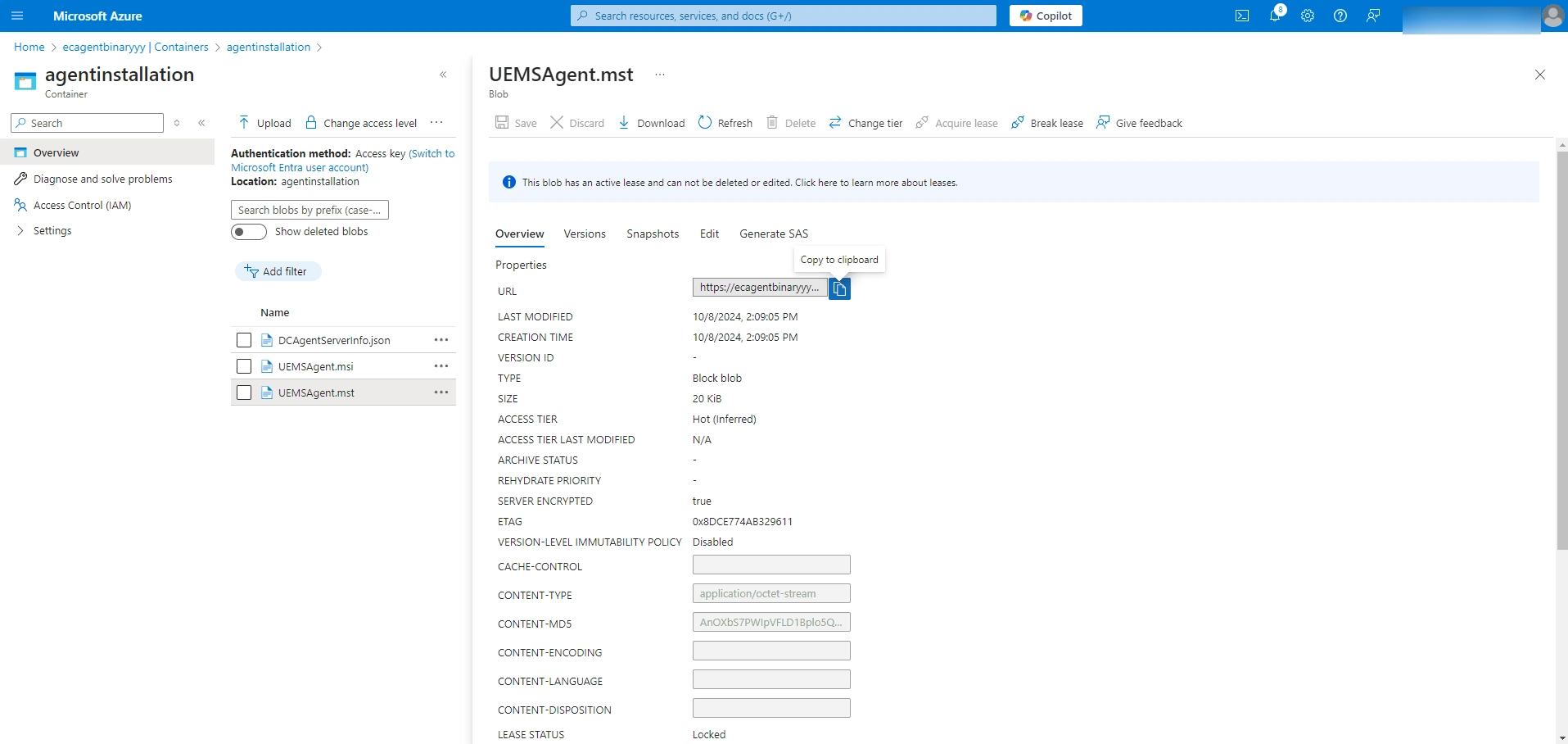 Copy the URLs for UEMSAgent.msi, UEMSAgent.mst. Copy the URLs for UEMSAgent.msi, UEMSAgent.mst.