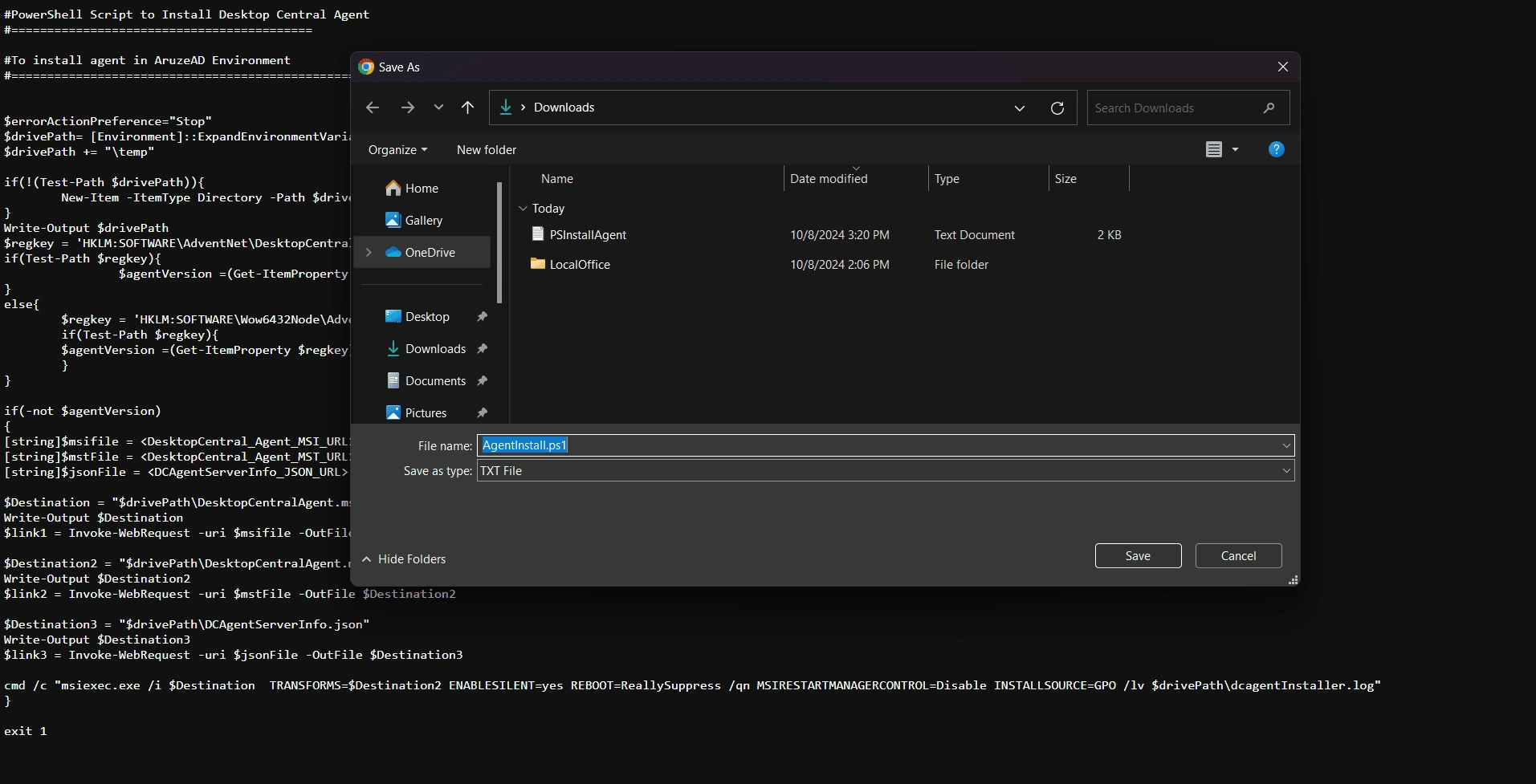 copy and paste the given Text File in a text editor and save it asAgentInstall.ps1. copy and paste the given Text File in a text editor and save it asAgentInstall.ps1.