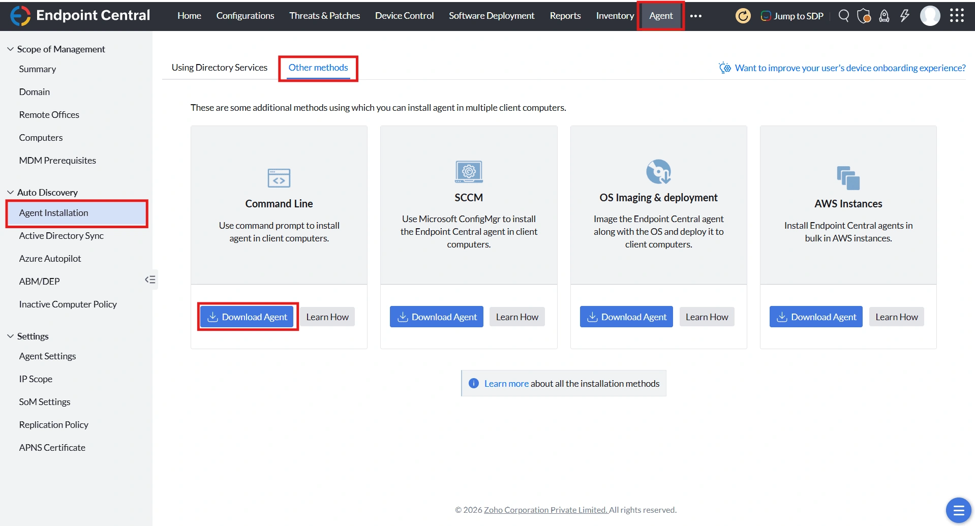 Download the agent Downloading the agent from Agent > Agent Installation > Other Methods > Command Line