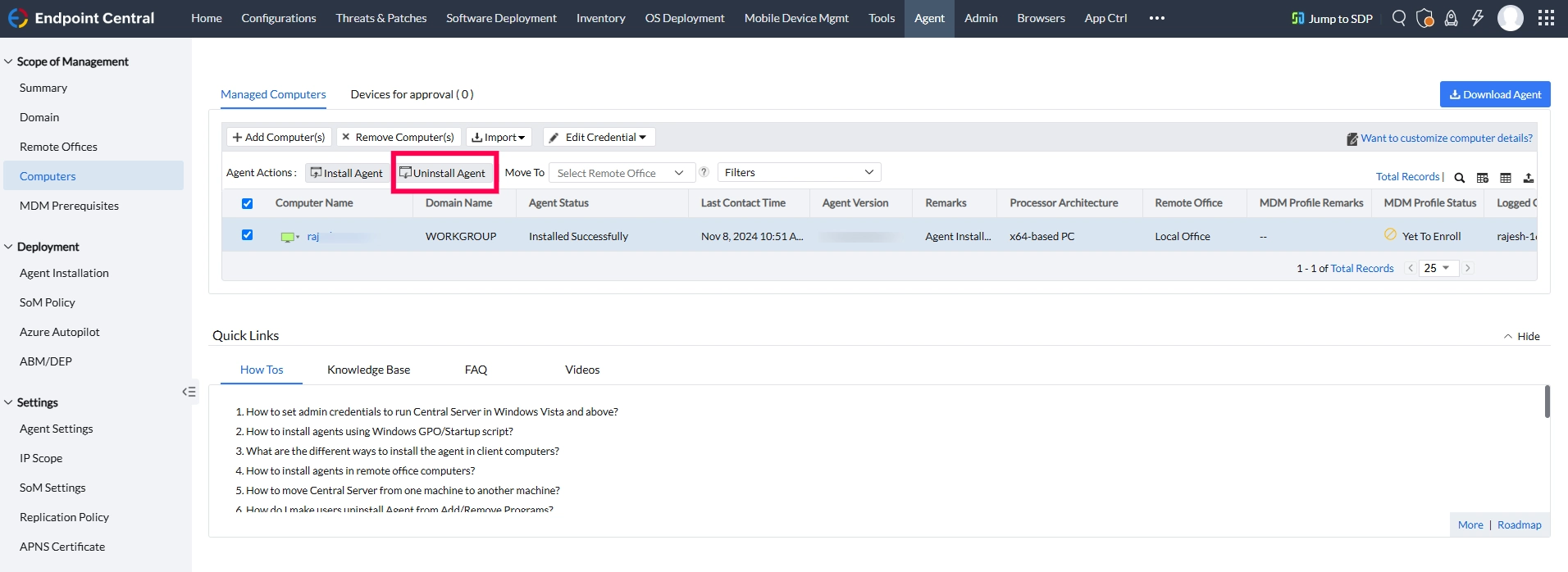 uninstalling agents via uninstall agents option uninstalling agents via uninstall agents option