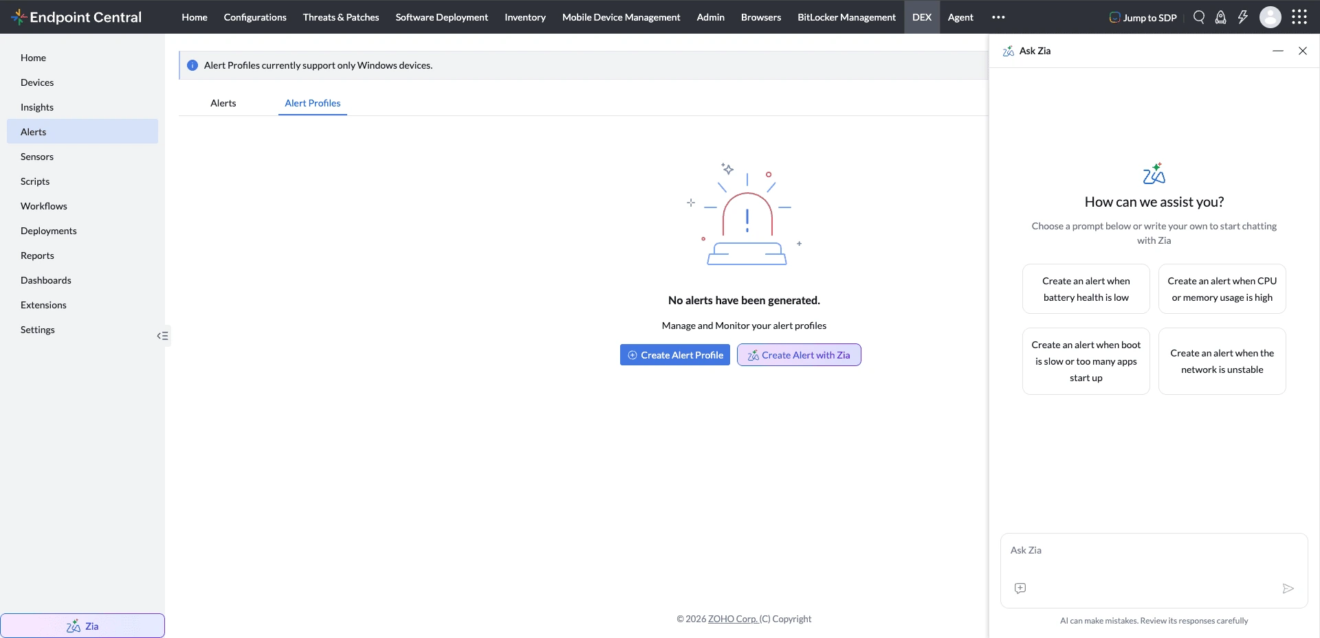 Opening Ask Zia from the Alert Profiles view