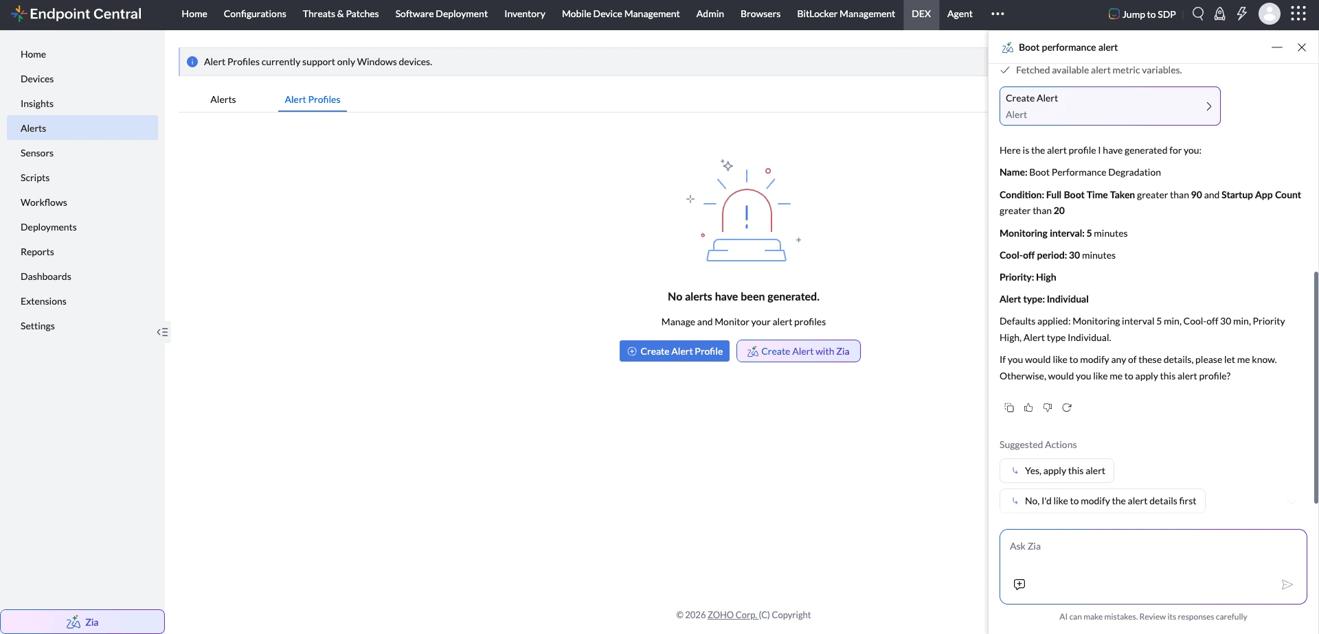 Zia generated a boot performance alert profile