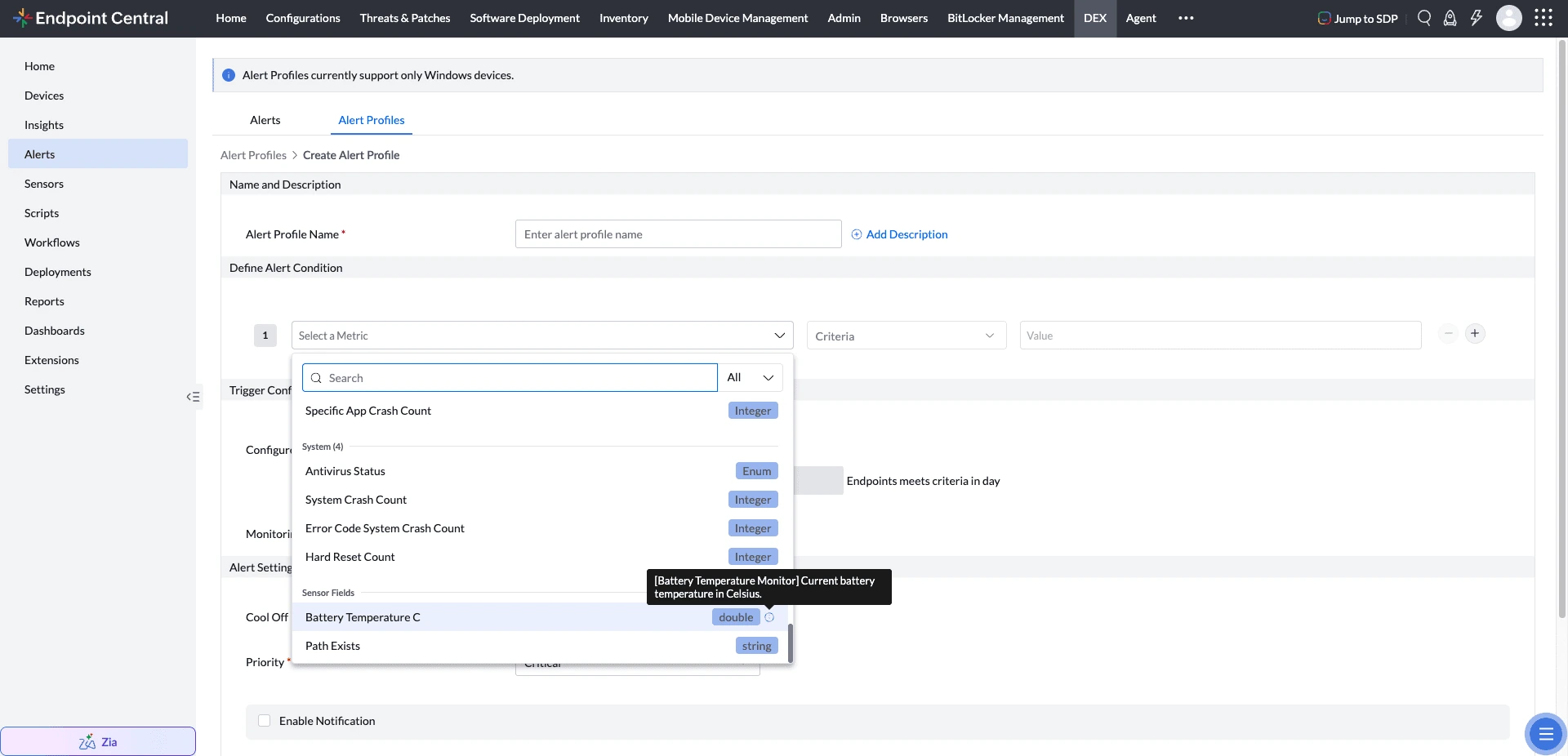 Using the new sensor field in the alert metric picker