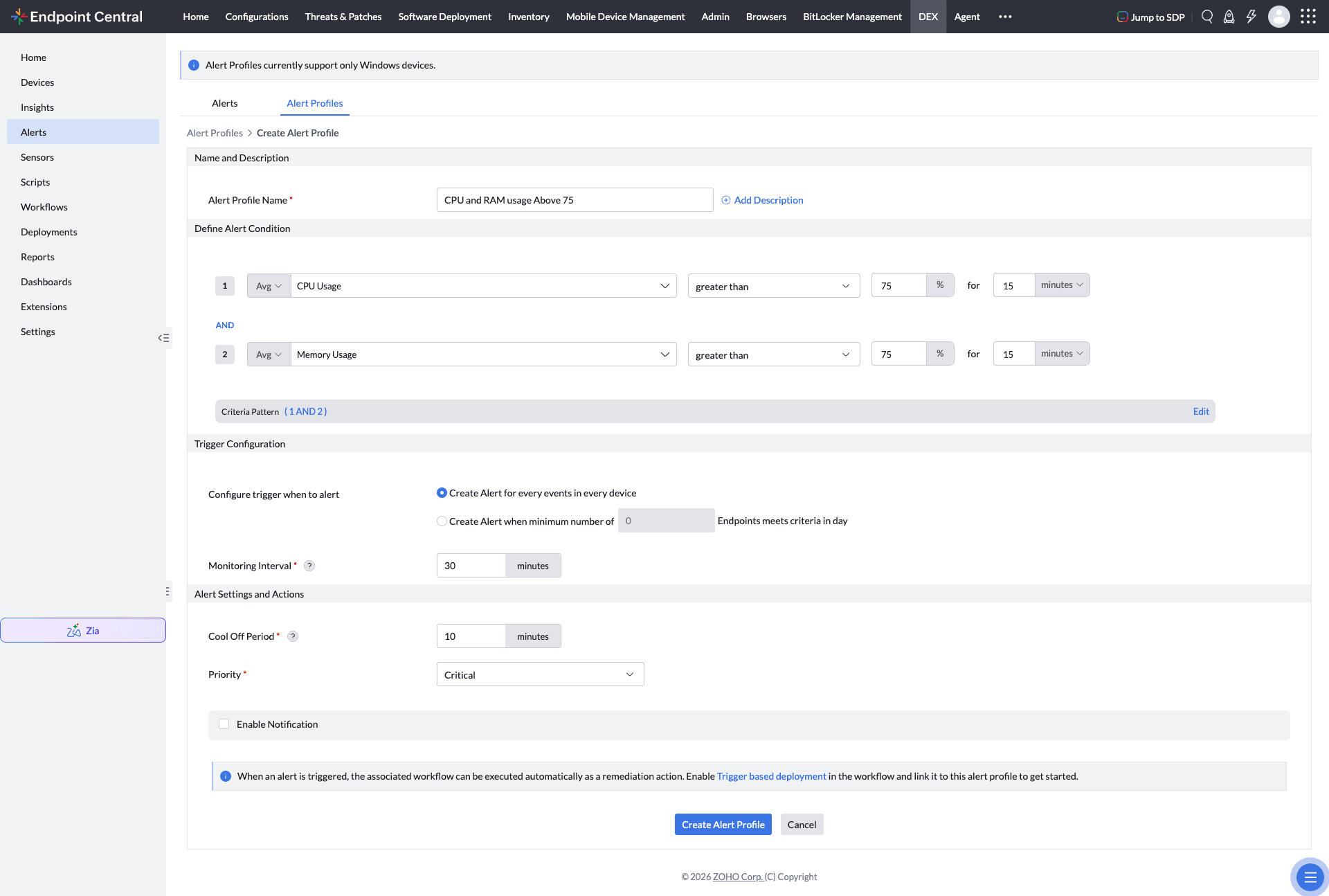 Create alert profile builder