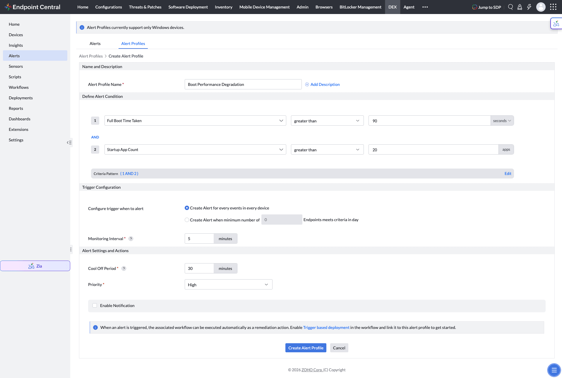 Criteria pattern in an alert profile
