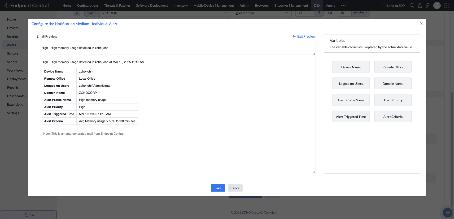Previewing alert variables in a notification email