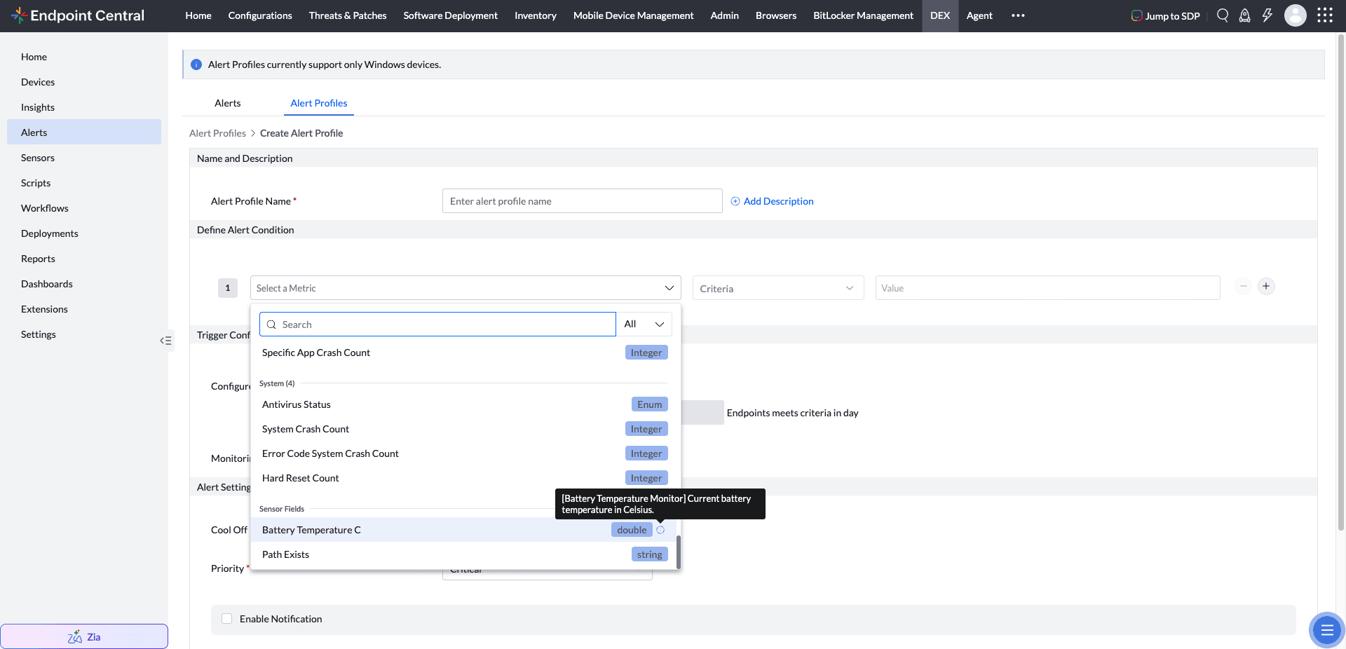 Sensor fields in the alert metric picker