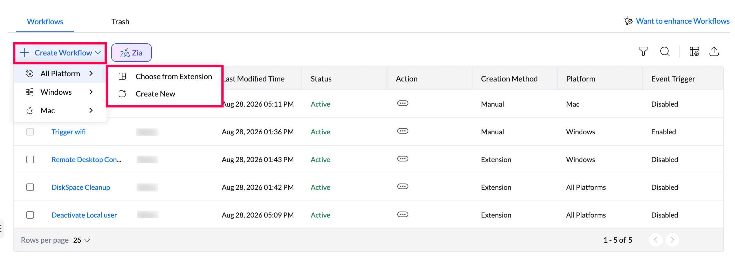 Choose a workflow creation method Create Workflow menu showing platform and creation method options.