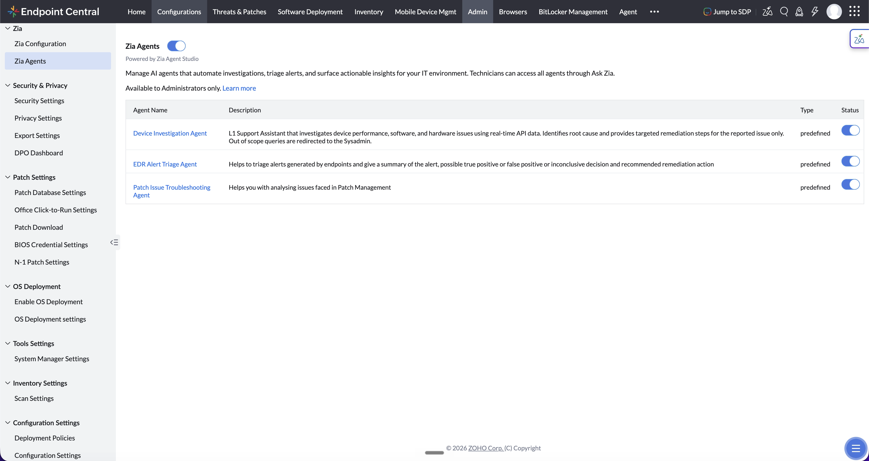 Navigating to the Zia Agents page in Admin settings