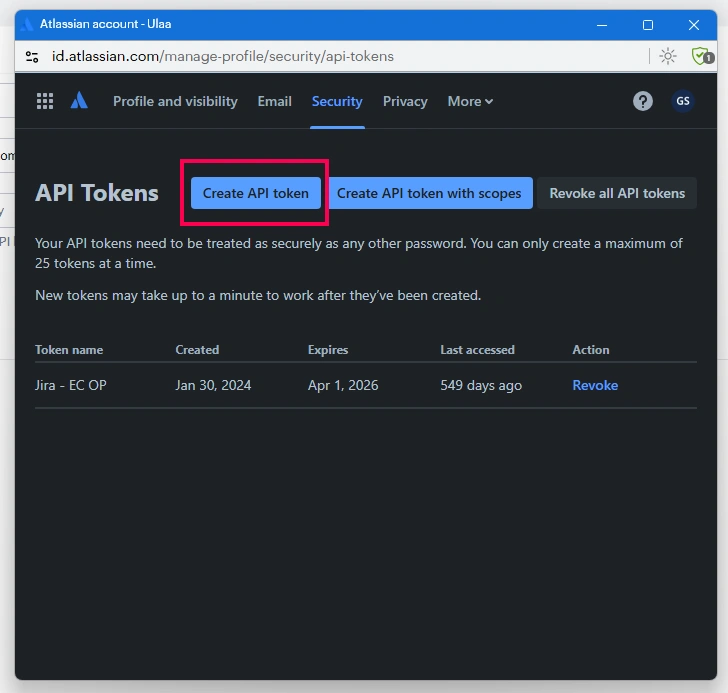 Create API Token in Jira Create API Token in Jira