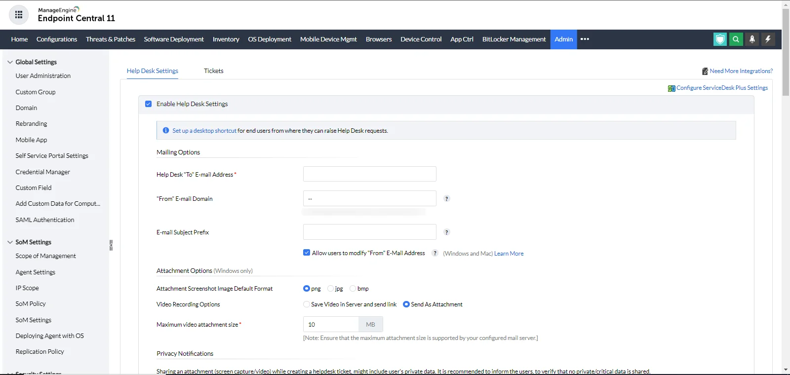 Help Desk Settings Help Desk Settings
