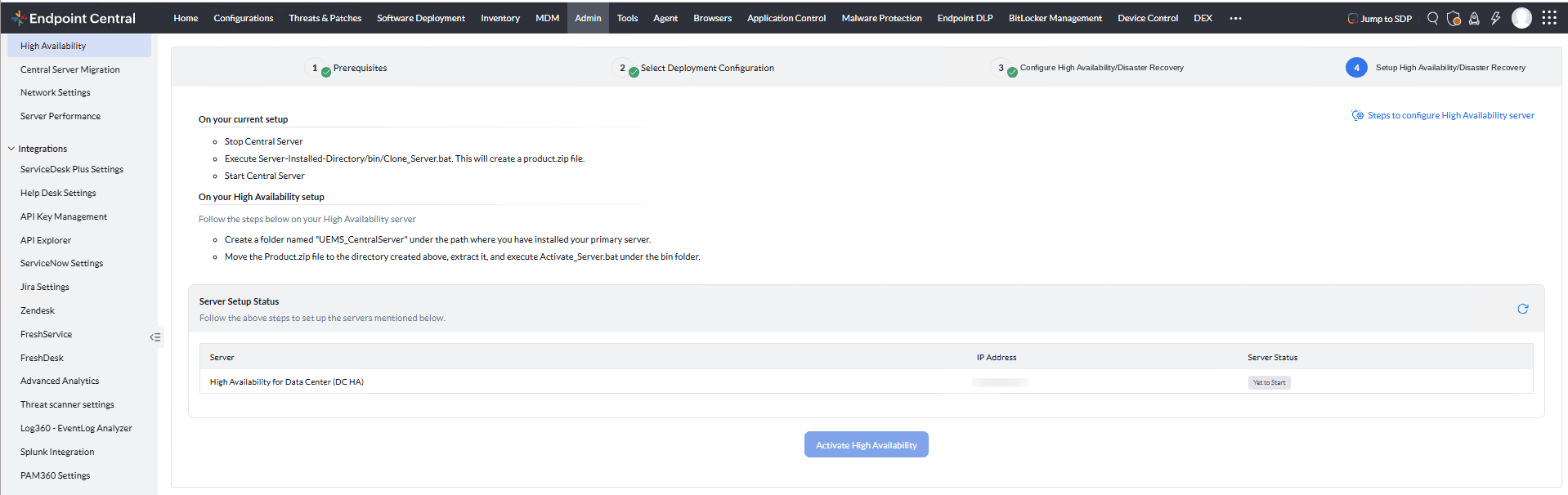Server Setup Status — HA server, Yet to Start