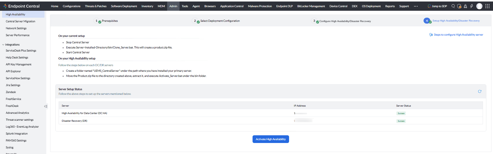 Server Setup Status — High Availability for Data Center and DR, both Success