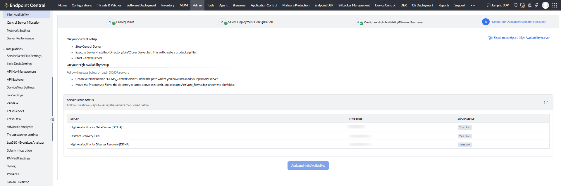 Server Setup Status — High Availability for Data Center, DR, and High Availability for Disaster Recovery, all Yet to Start