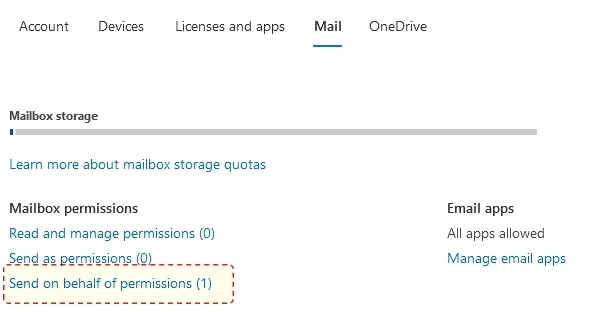 Send on Behalf permission assigned to the Username in Microsoft admin center Send on Behalf permission assigned to the Username in Microsoft admin center