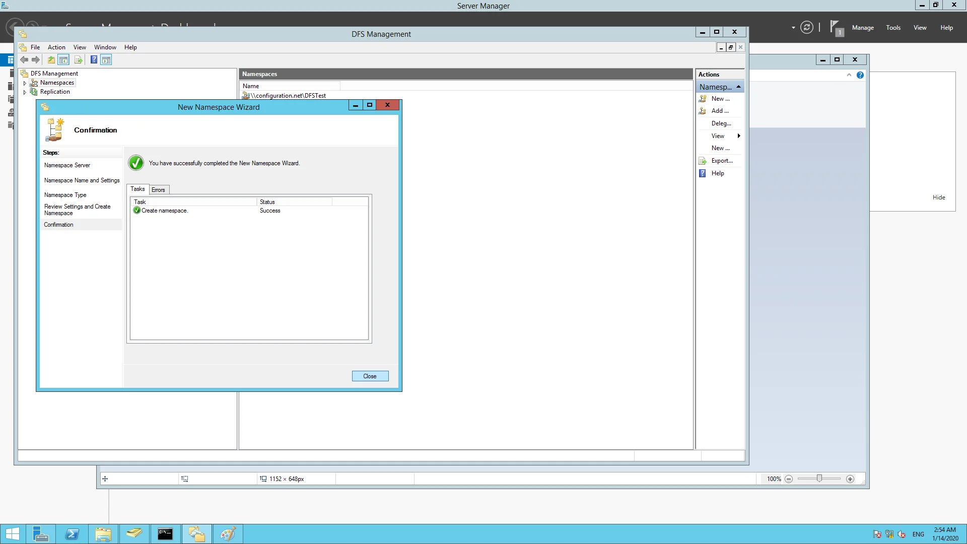 Confirmation window showing the summary for the newly created Namespace Confirmation window showing the summary for the newly created Namespace