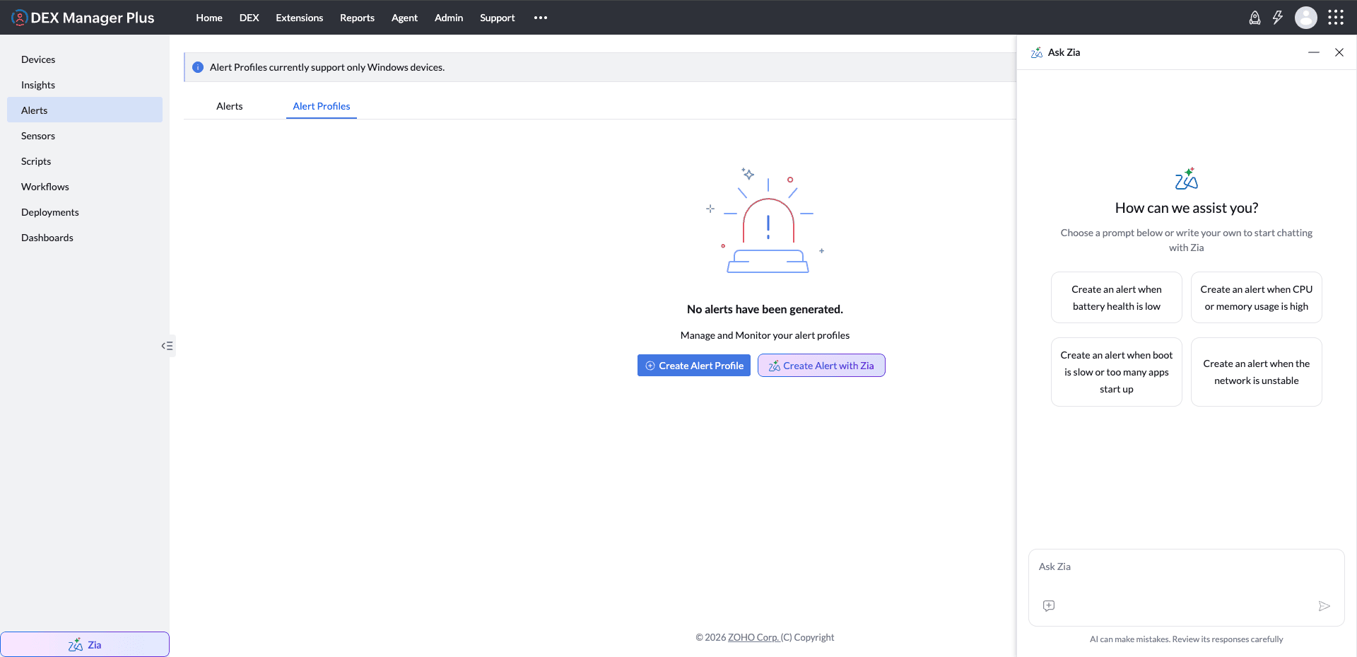 Opening Ask Zia from the Alert Profiles view Opening Ask Zia from the Alert Profiles view