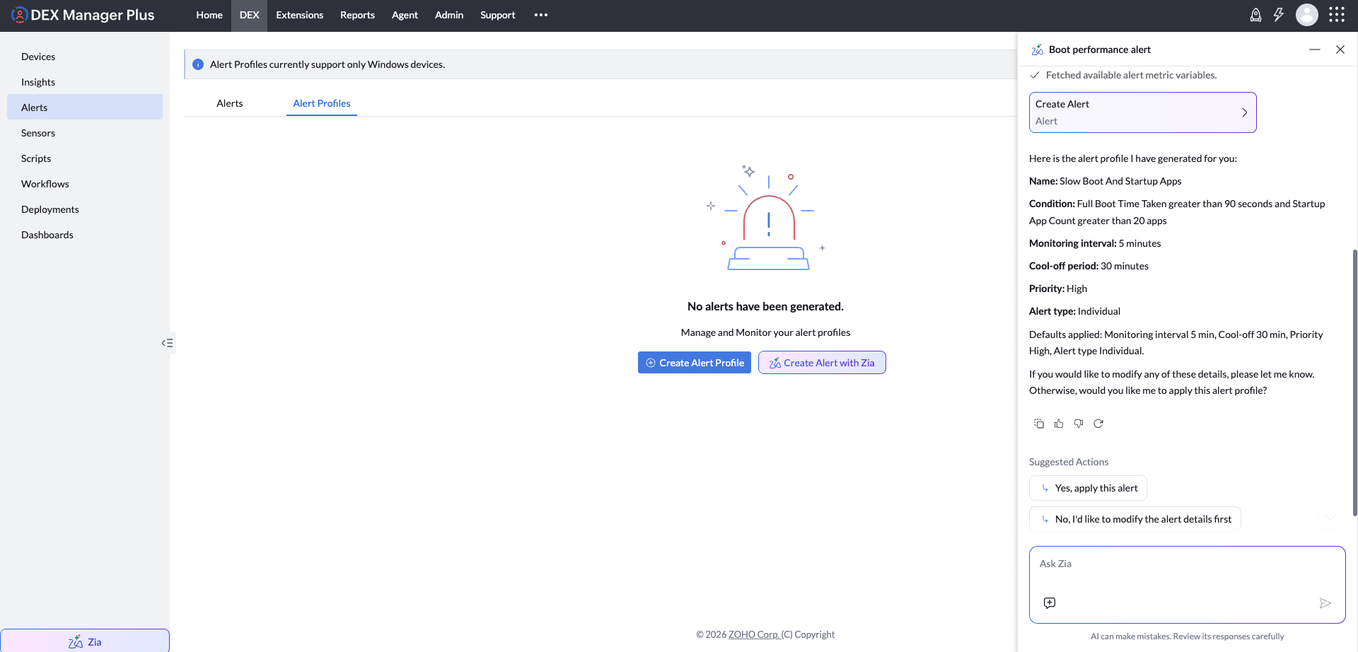 Zia generated a boot performance alert profile Zia generated a boot performance alert profile