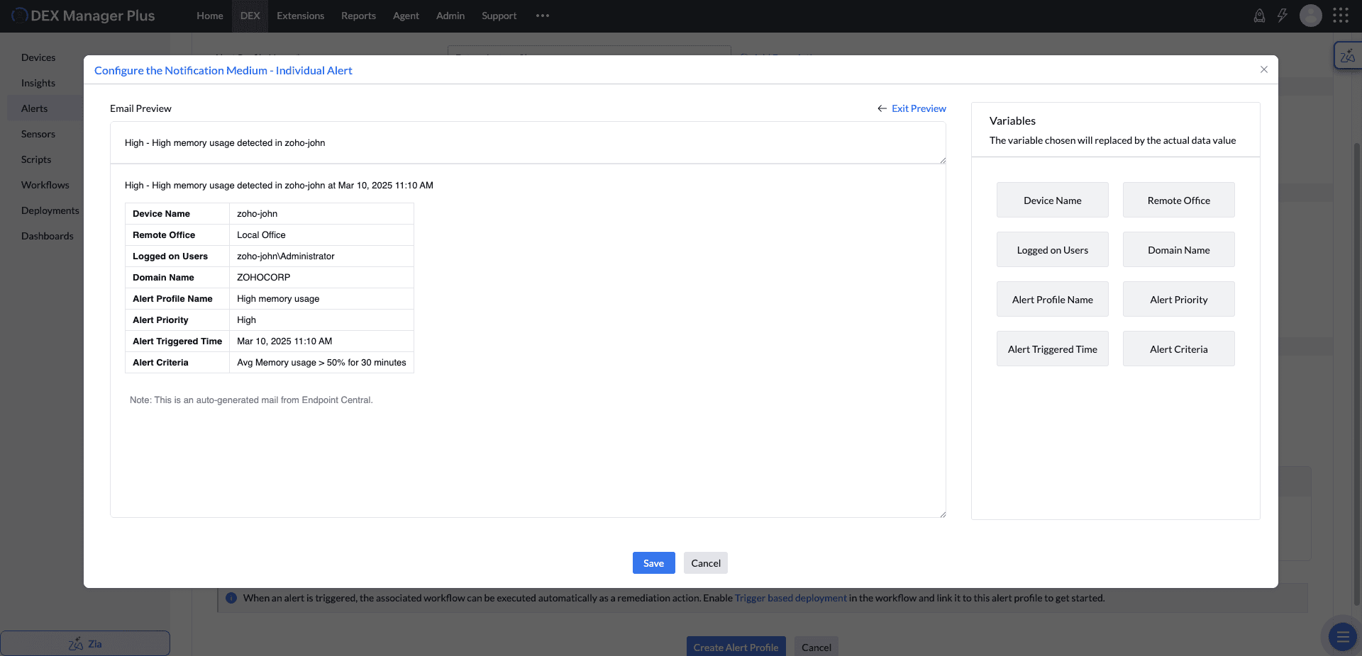 Previewing alert variables in a notification email Previewing alert variables in a notification email