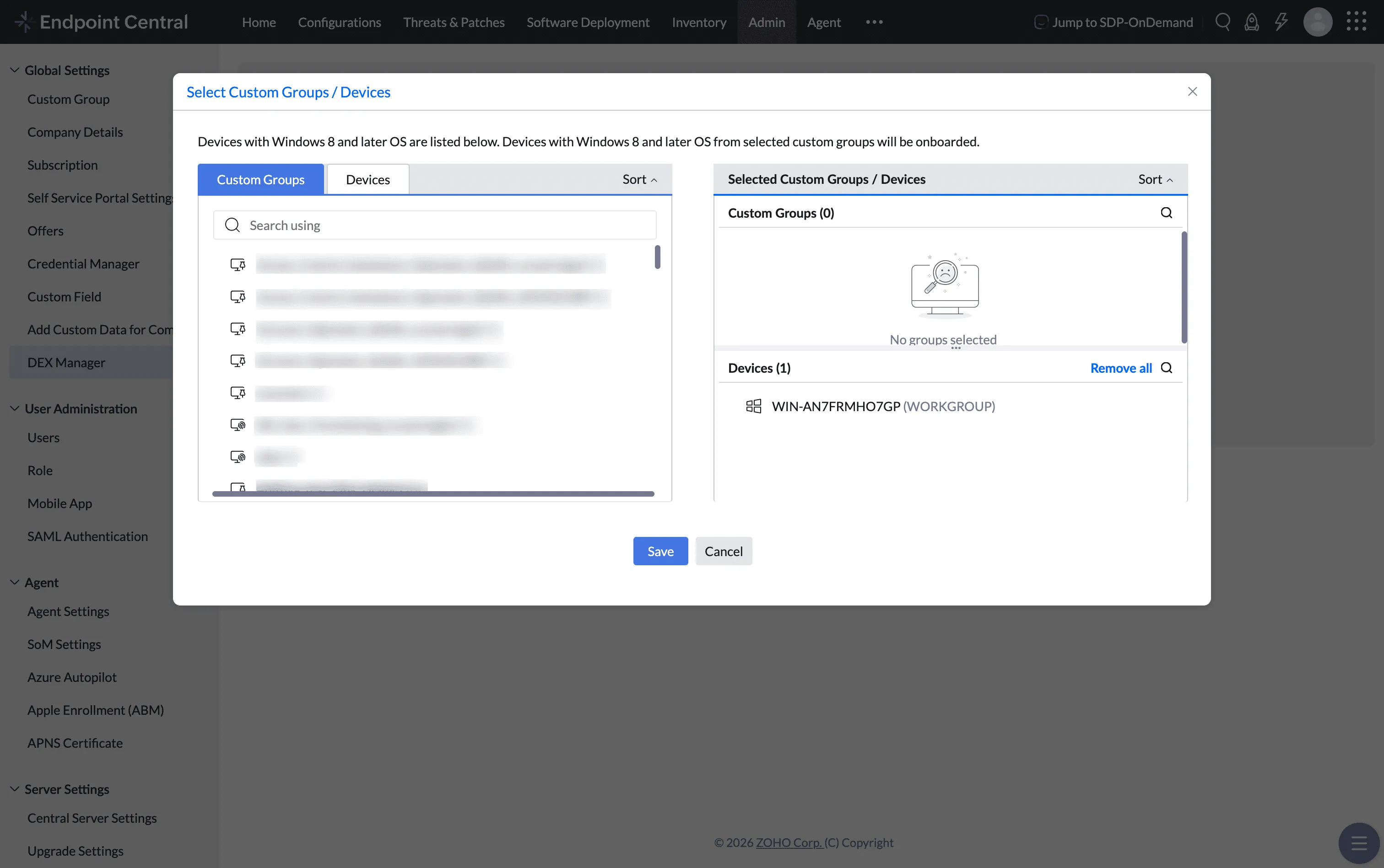 Create Deployment target selection showing custom groups and selected devices.