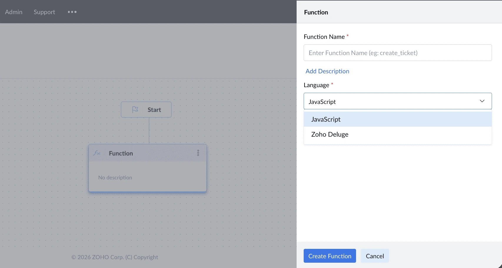 Function creation panel showing the supported language options.