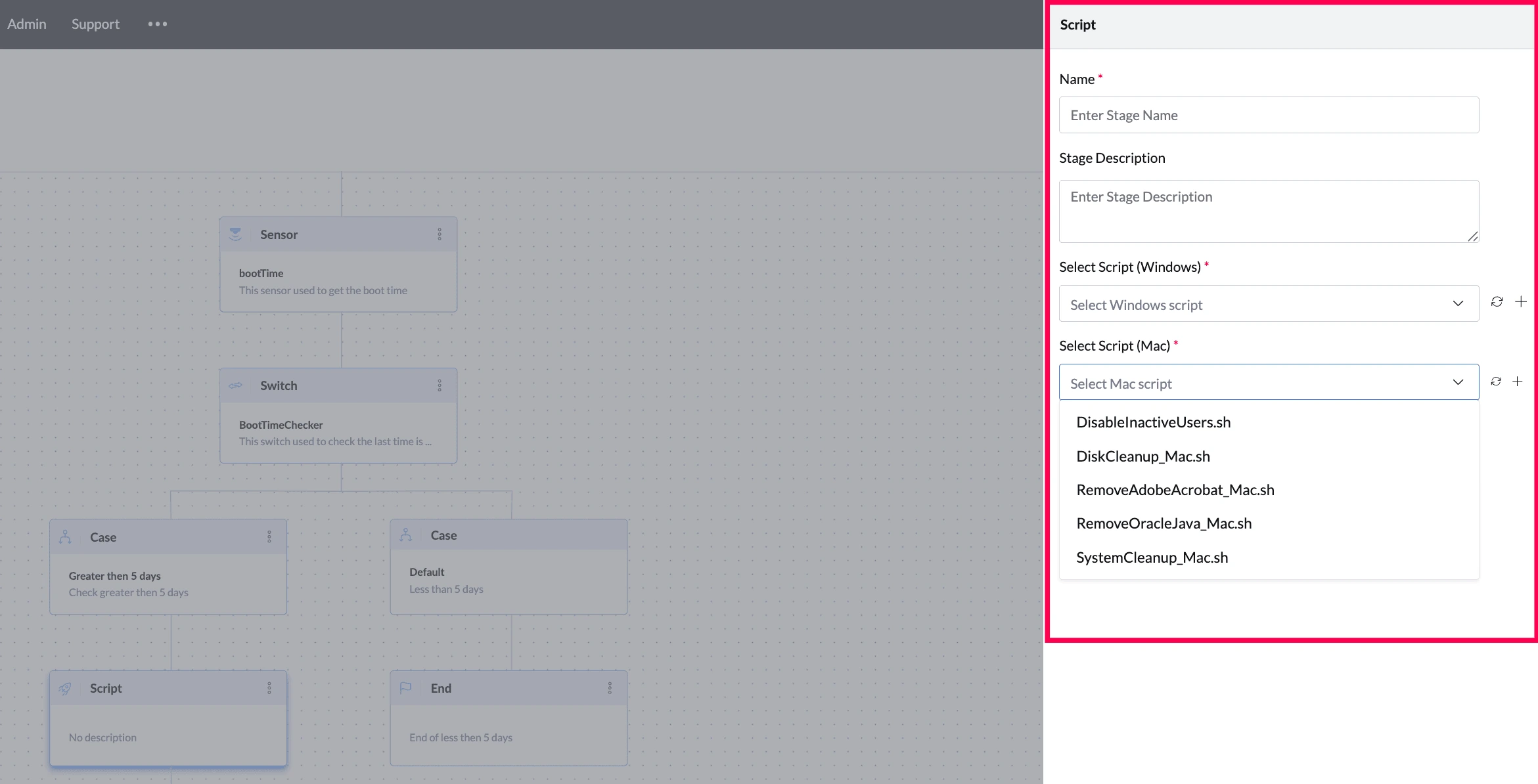 Script stage configuration for Windows and Mac scripts.
