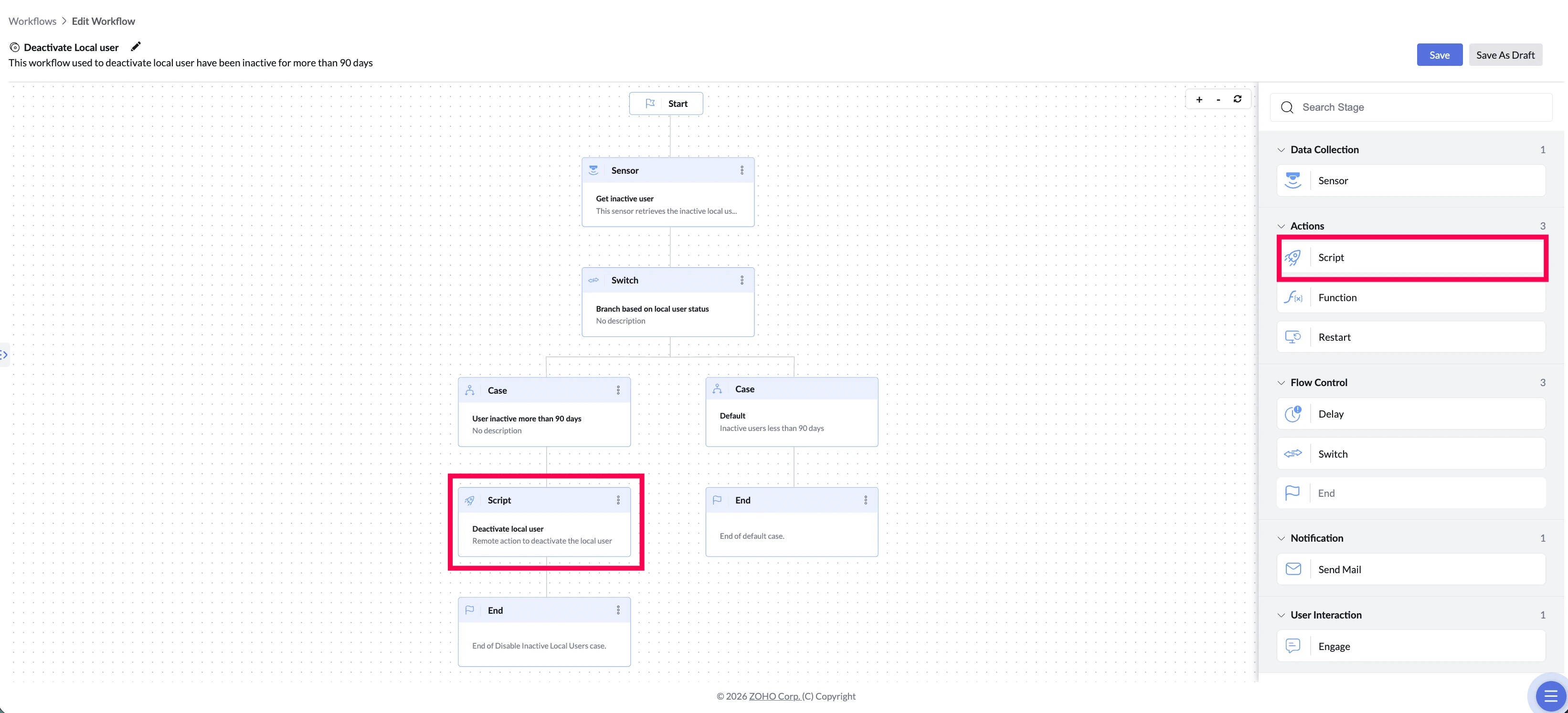 Workflow canvas highlighting the Script stage.