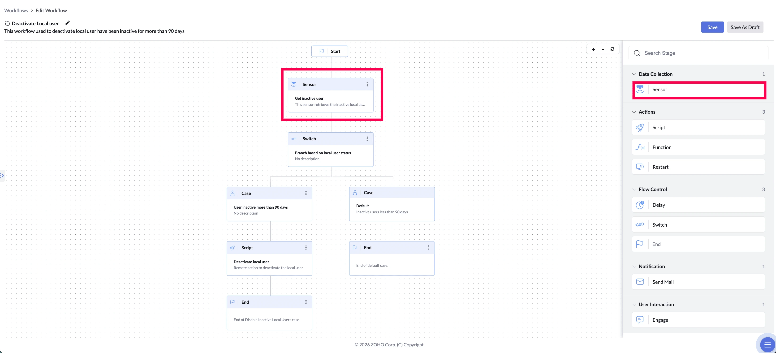 Workflow canvas highlighting the Sensor stage.