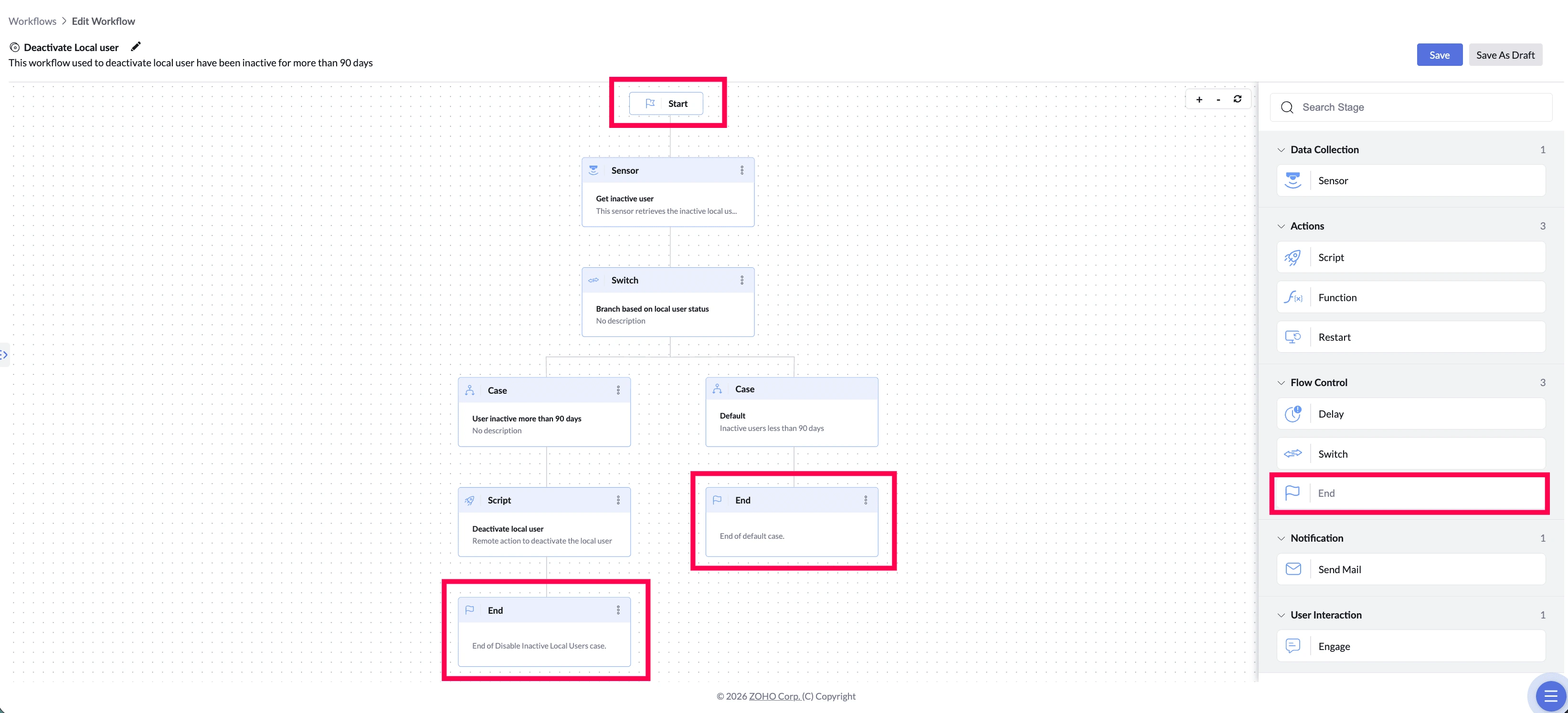 Workflow canvas showing the Start and End stages.