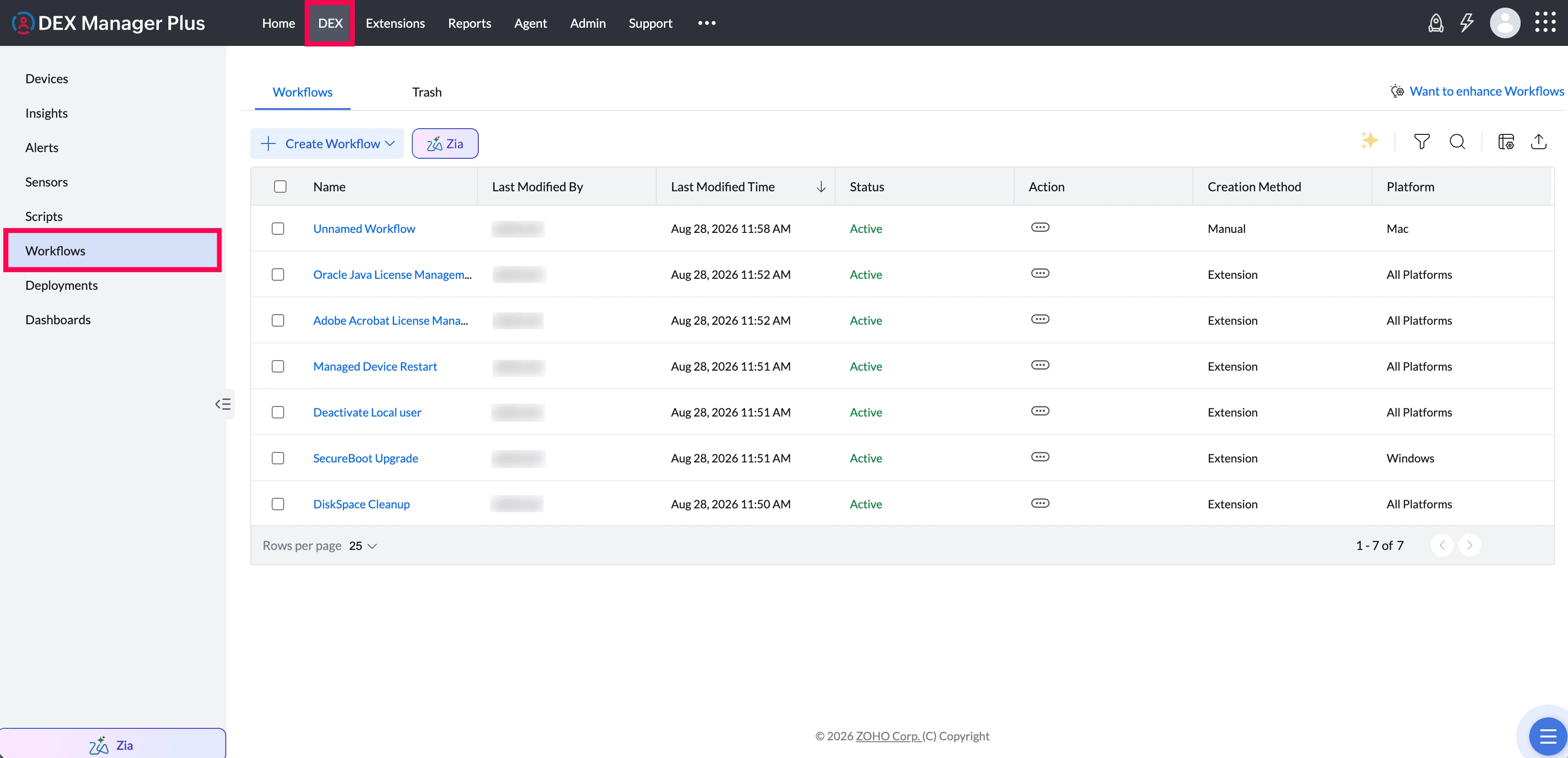 Open the Workflows page Workflows page showing the list of existing workflows and their details.