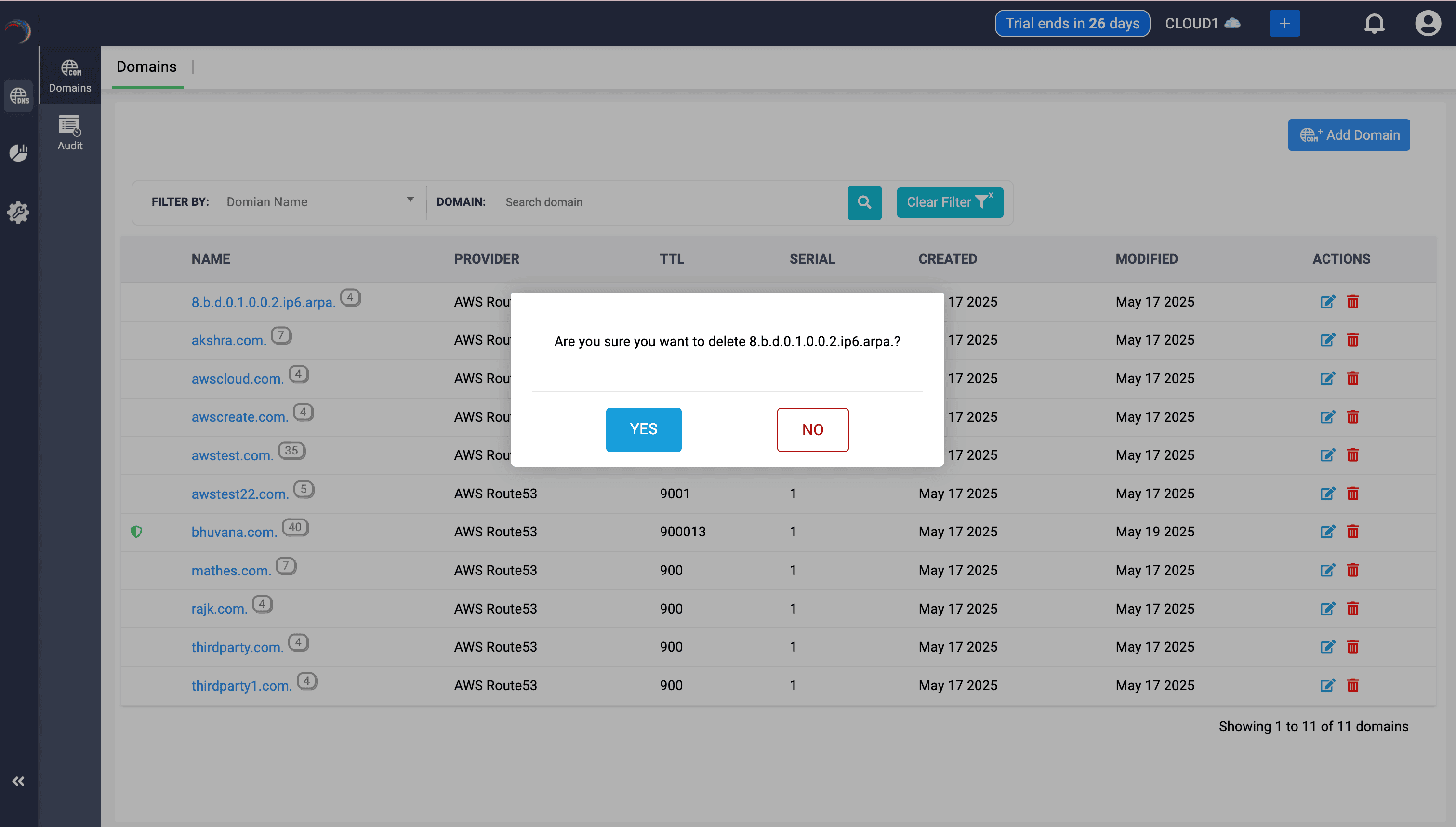 Domain Delete Confirmation Dialog