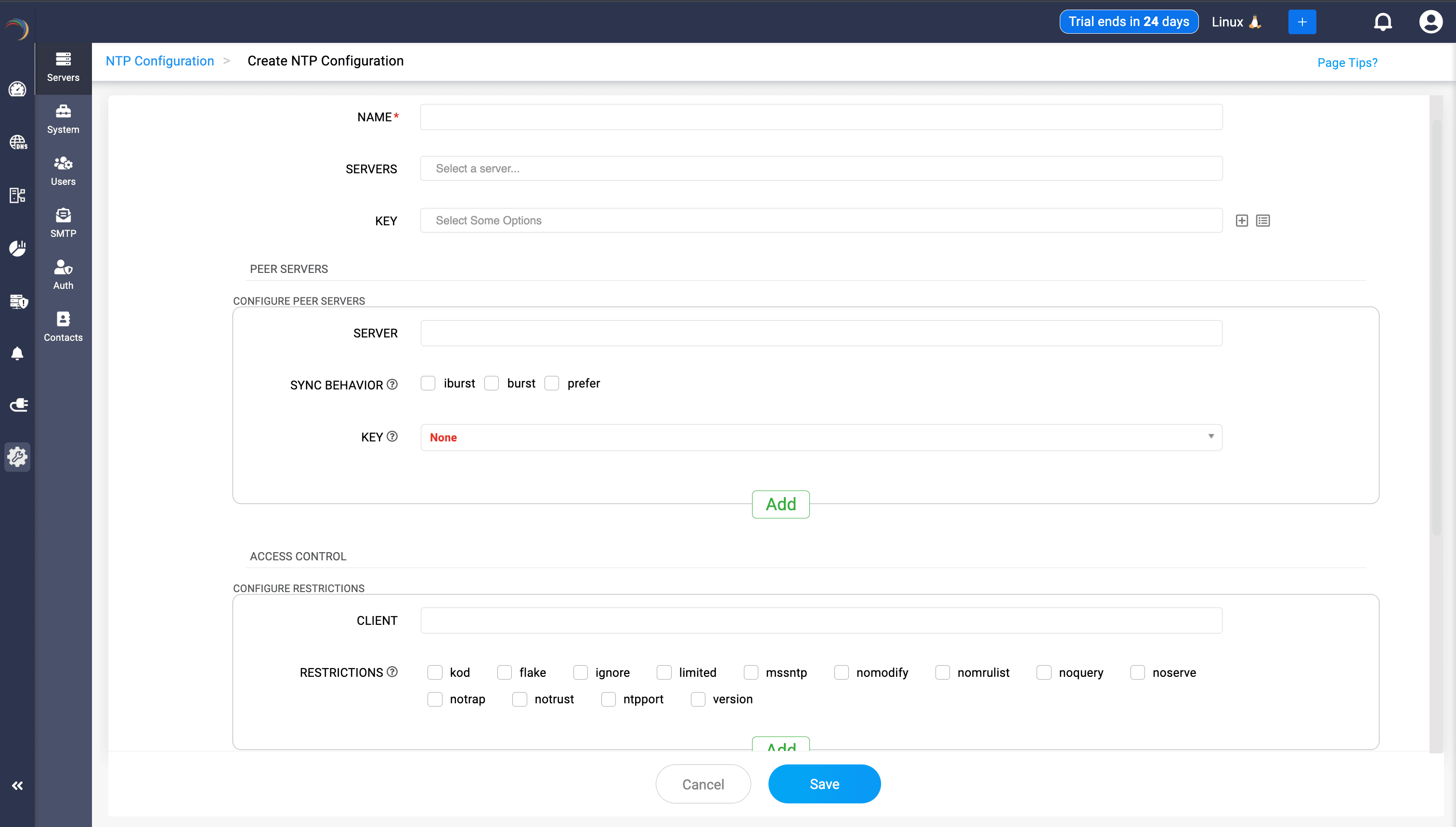 DDI Central - Create NTP Configuration page